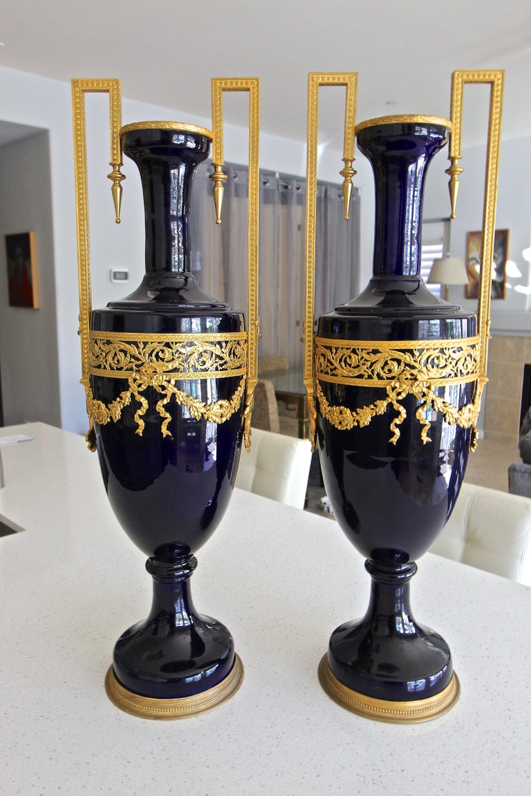 Pair of French Cobalt Blue Gilt Bronze Ormolu-Mounted Urns For Sale 4