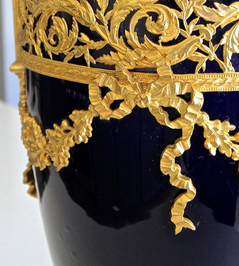 Pair of French Cobalt Blue Gilt Bronze Ormolu-Mounted Urns For Sale 11