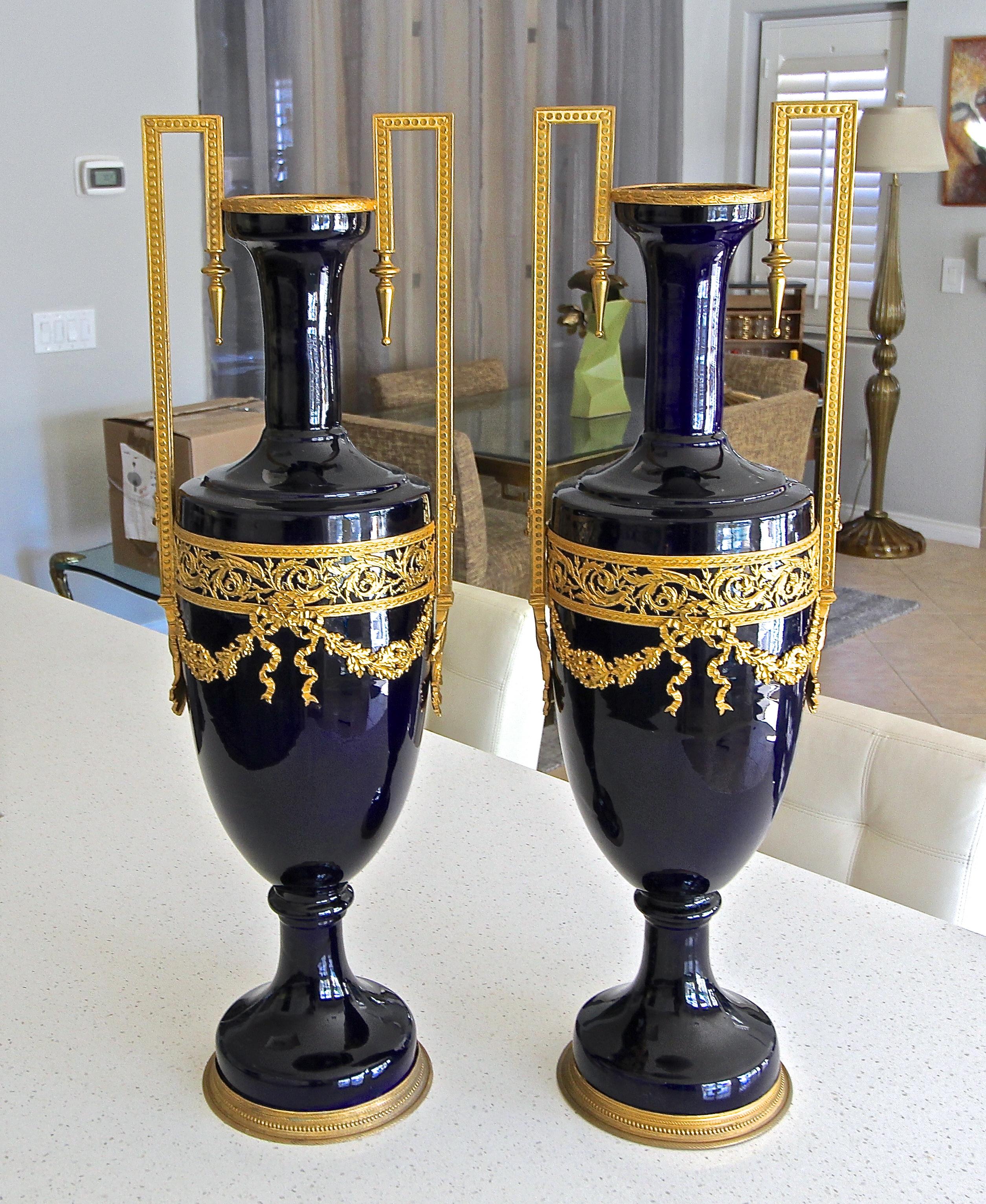 European Pair of French Cobalt Blue Gilt Bronze Ormolu-Mounted Urns