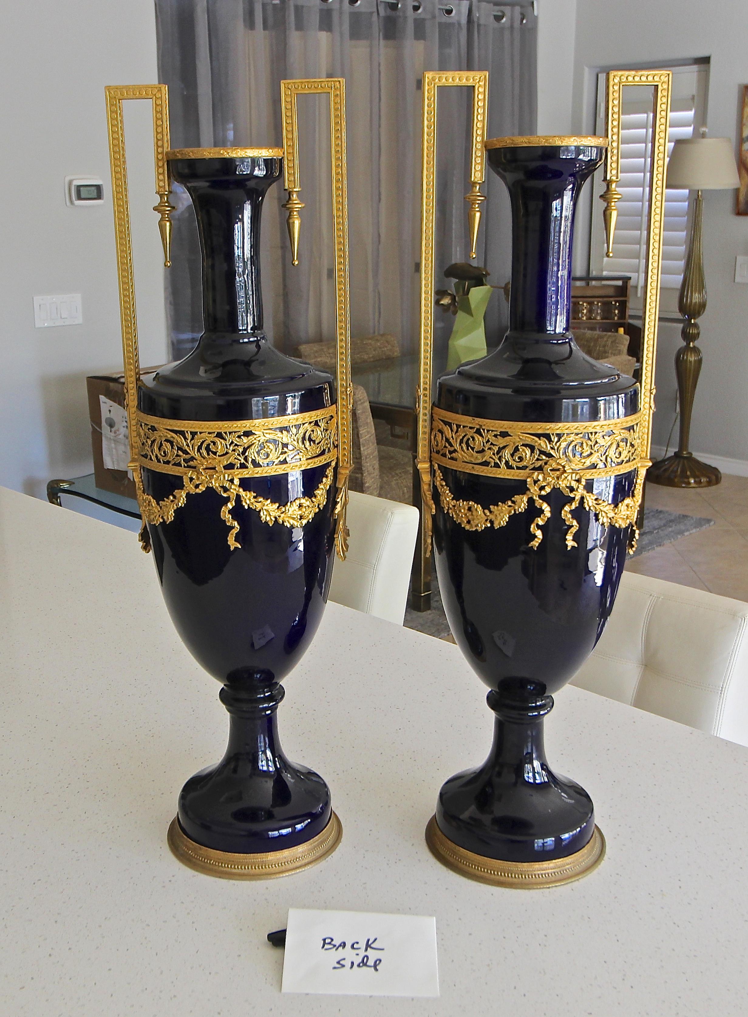 Porcelain Pair of French Cobalt Blue Gilt Bronze Ormolu-Mounted Urns