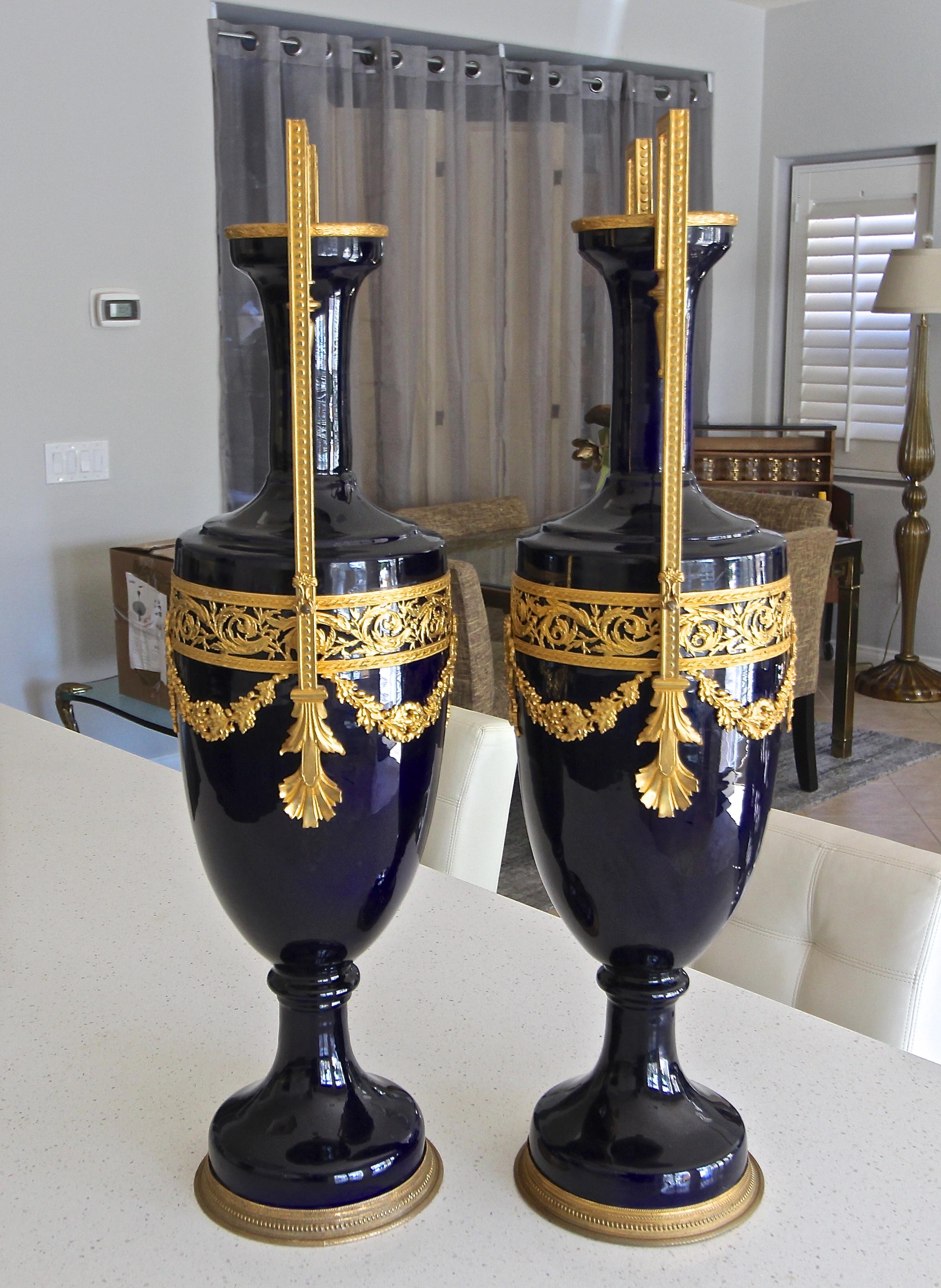 Pair of French Cobalt Blue Gilt Bronze Ormolu-Mounted Urns 3