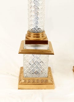 Pair French Column Table Lamps Cut Glass Lights Corinthian Gilt