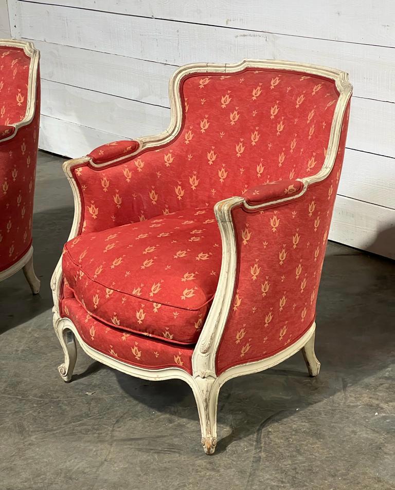 Pair French Comfortable Bergere Arm Chairs For Sale at 1stDibs