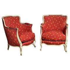 Pair French Comfortable Bergere Arm Chairs