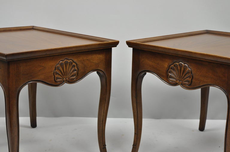 Pair French Country Shell Carved Walnut End Tables Scalloped Edge Skirt Henredon at 1stDibs