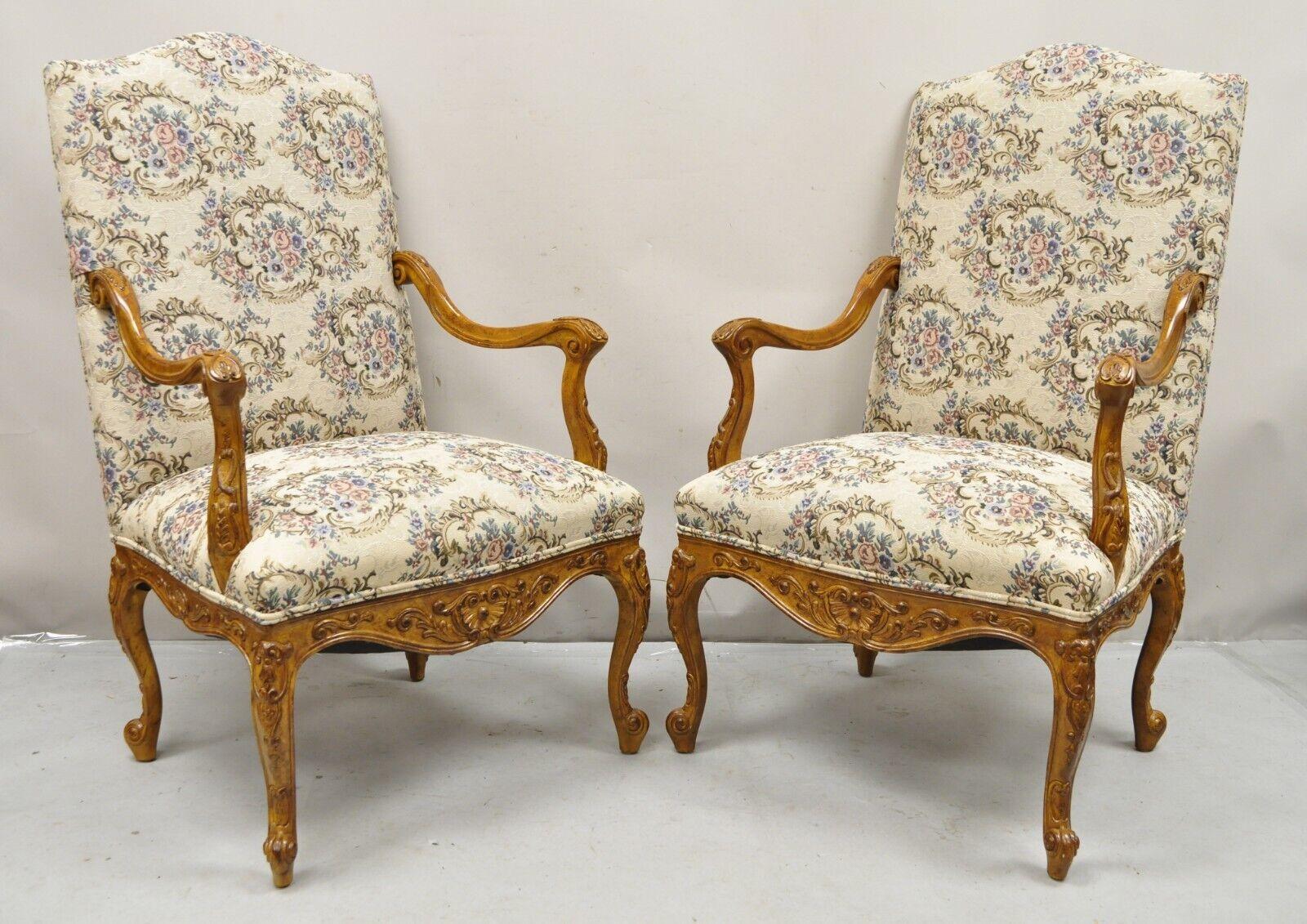 Pair French Country Style Carved Walnut Floral Upholstered High Back Arm Chairs For Sale 4