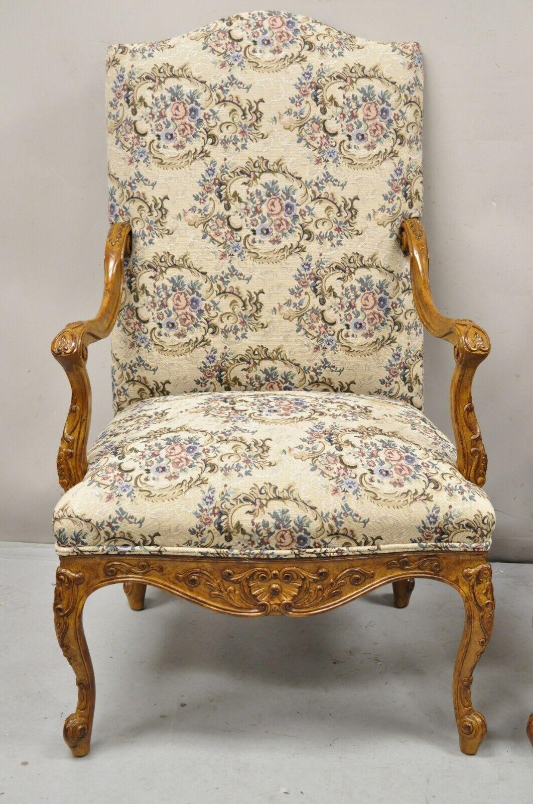 French Provincial Pair French Country Style Carved Walnut Floral Upholstered High Back Arm Chairs For Sale