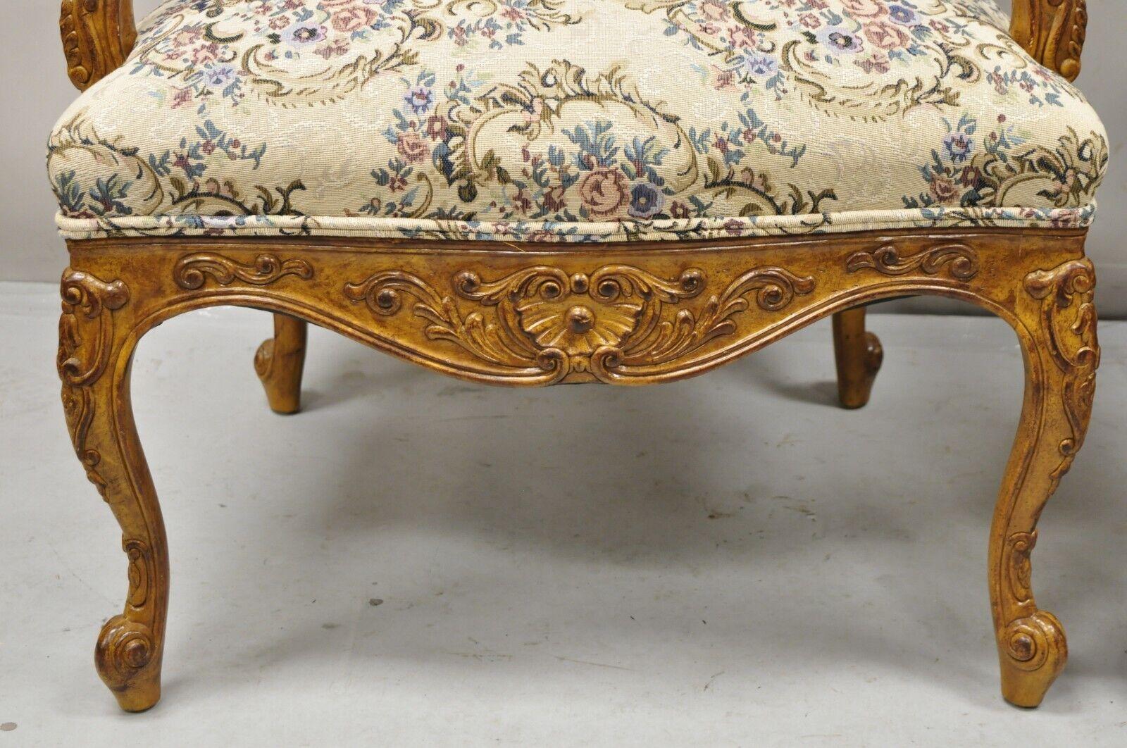 Pair French Country Style Carved Walnut Floral Upholstered High Back Arm Chairs In Good Condition For Sale In Philadelphia, PA