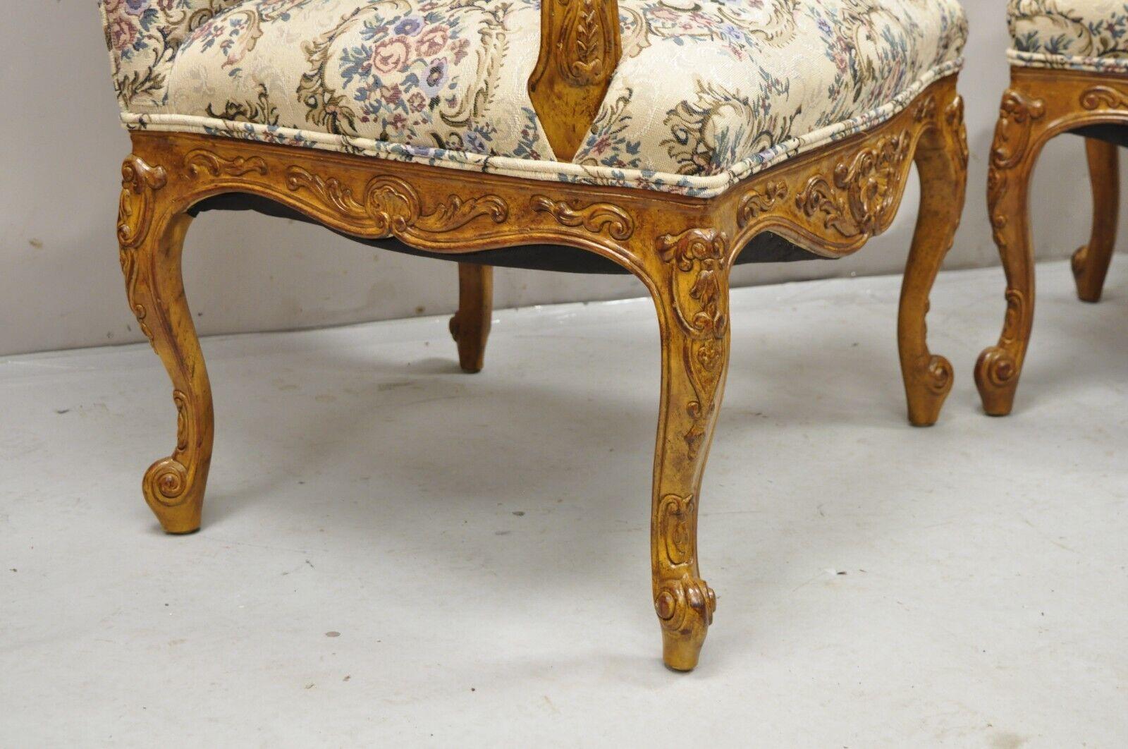20th Century Pair French Country Style Carved Walnut Floral Upholstered High Back Arm Chairs For Sale