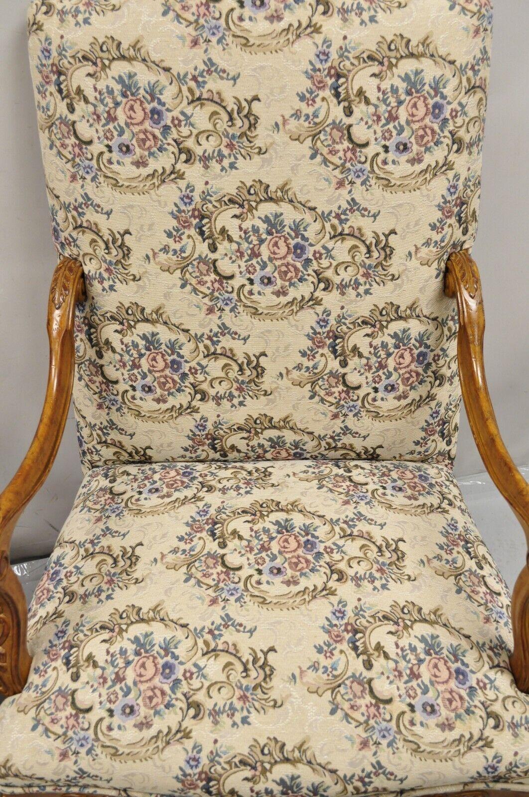 Pair French Country Style Carved Walnut Floral Upholstered High Back Arm Chairs For Sale 1