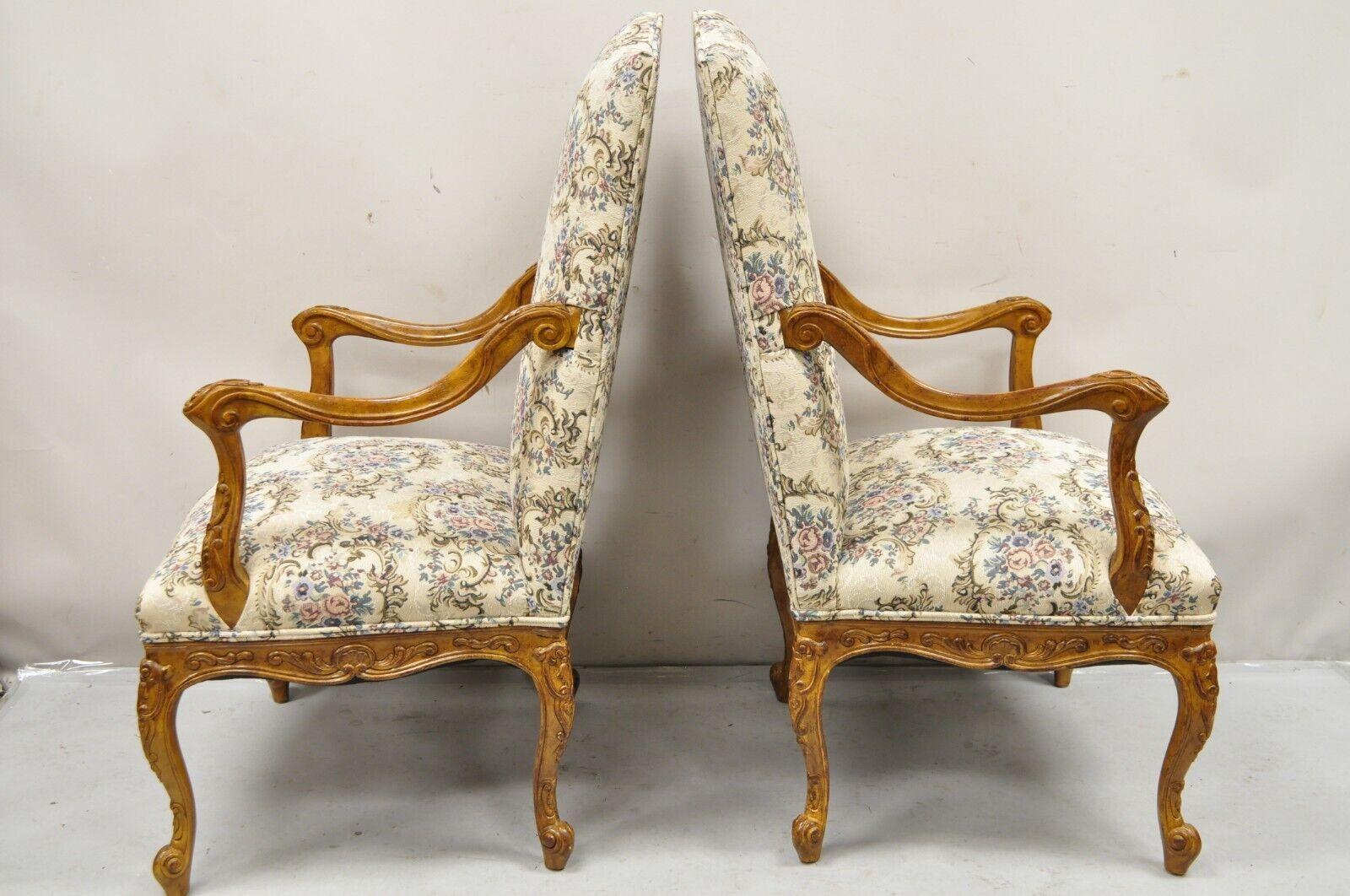 Pair French Country Style Carved Walnut Floral Upholstered High Back Arm Chairs For Sale 2