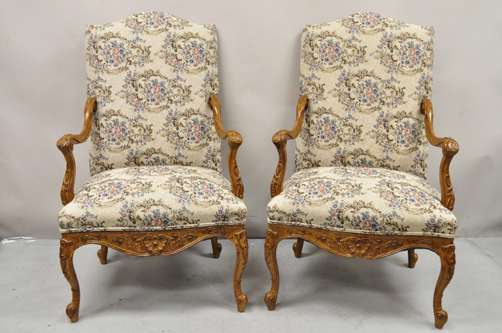 Pair French Country Style Carved Walnut Floral Upholstered High Back Arm Chairs For Sale 3