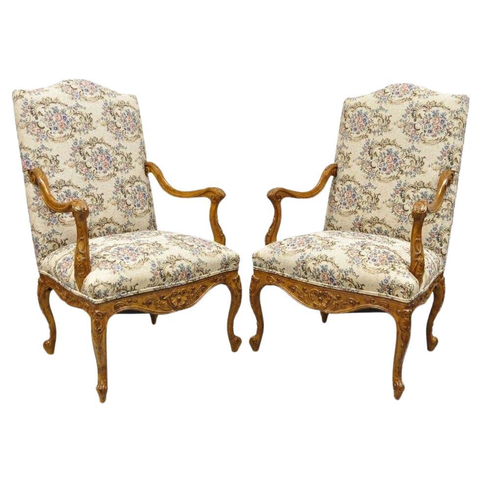Pair French Country Style Carved Walnut Floral Upholstered High Back Arm Chairs