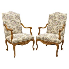 Vintage Pair French Country Style Carved Walnut Floral Upholstered High Back Arm Chairs