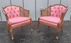Pair French Country Walnut Cane and Upholstered Club Accent Chairs