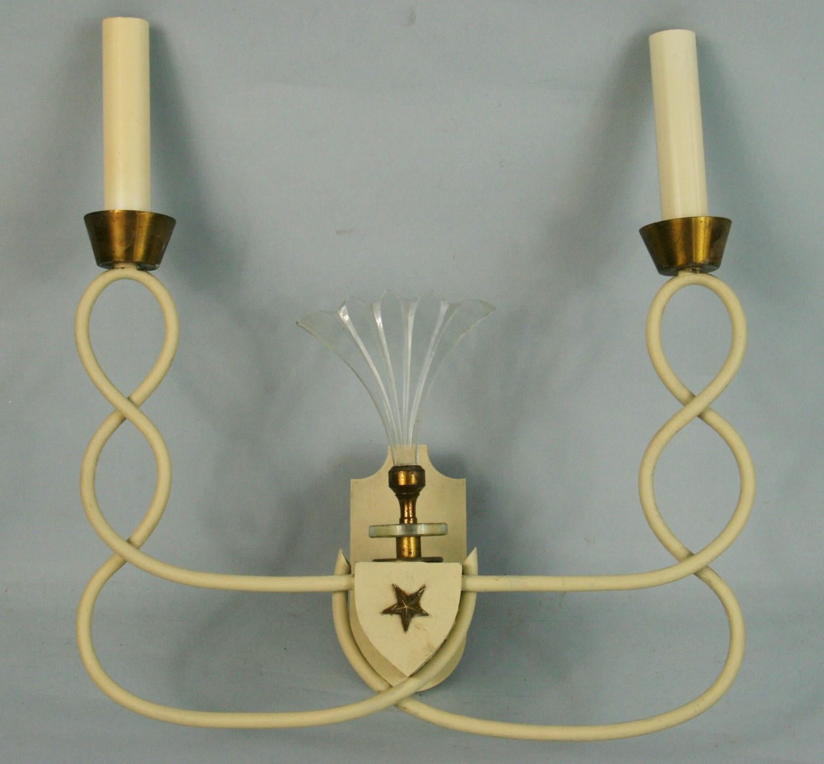 Pair French 2 light sconces with crystal glass fan and curled arms
Takes 2 60 watt candelabra based bulbs
Rewired.