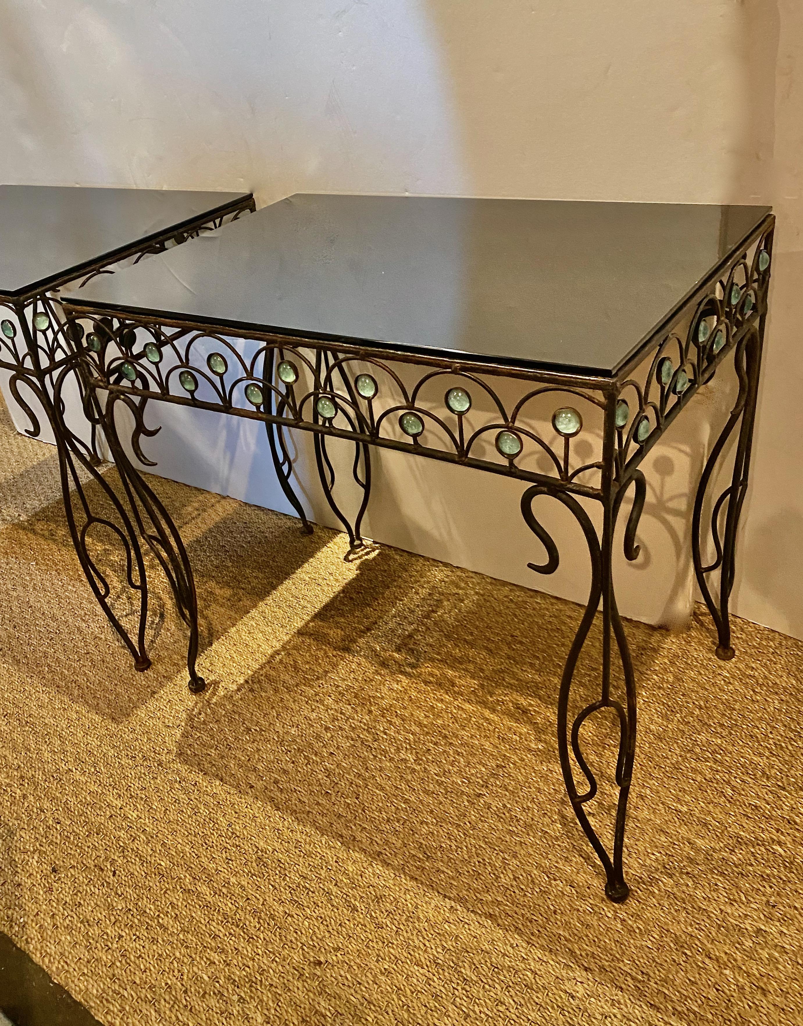 Mid-20th Century Pair French Deco Wrought Iron Side Tables