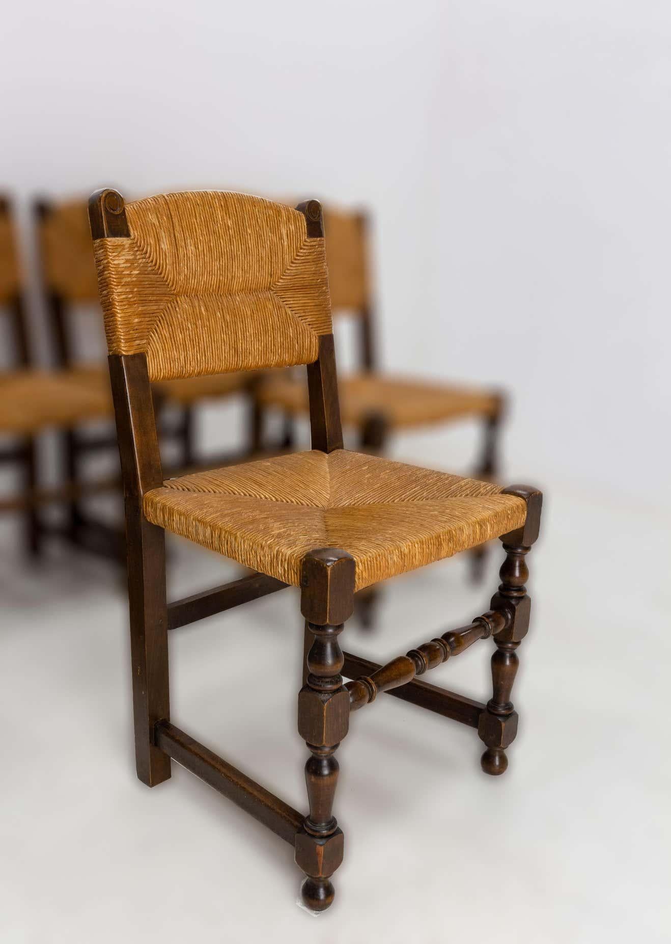  Pair French Dining Chairs Beech Chairs Rush Seats Country Style, 1940 In Good Condition In Labrit, Landes