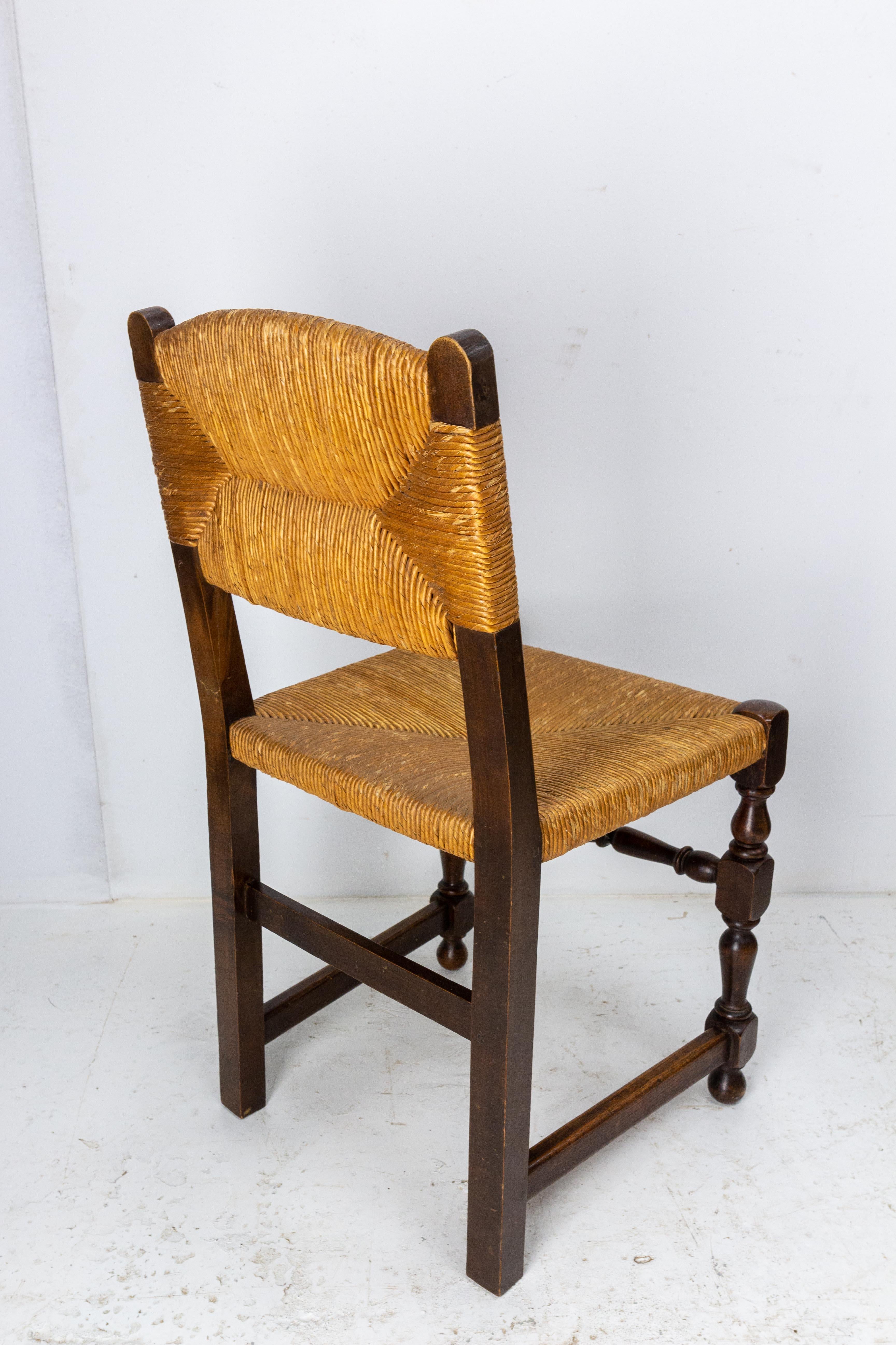 20th Century  Pair French Dining Chairs Beech Chairs Rush Seats Country Style, 1940