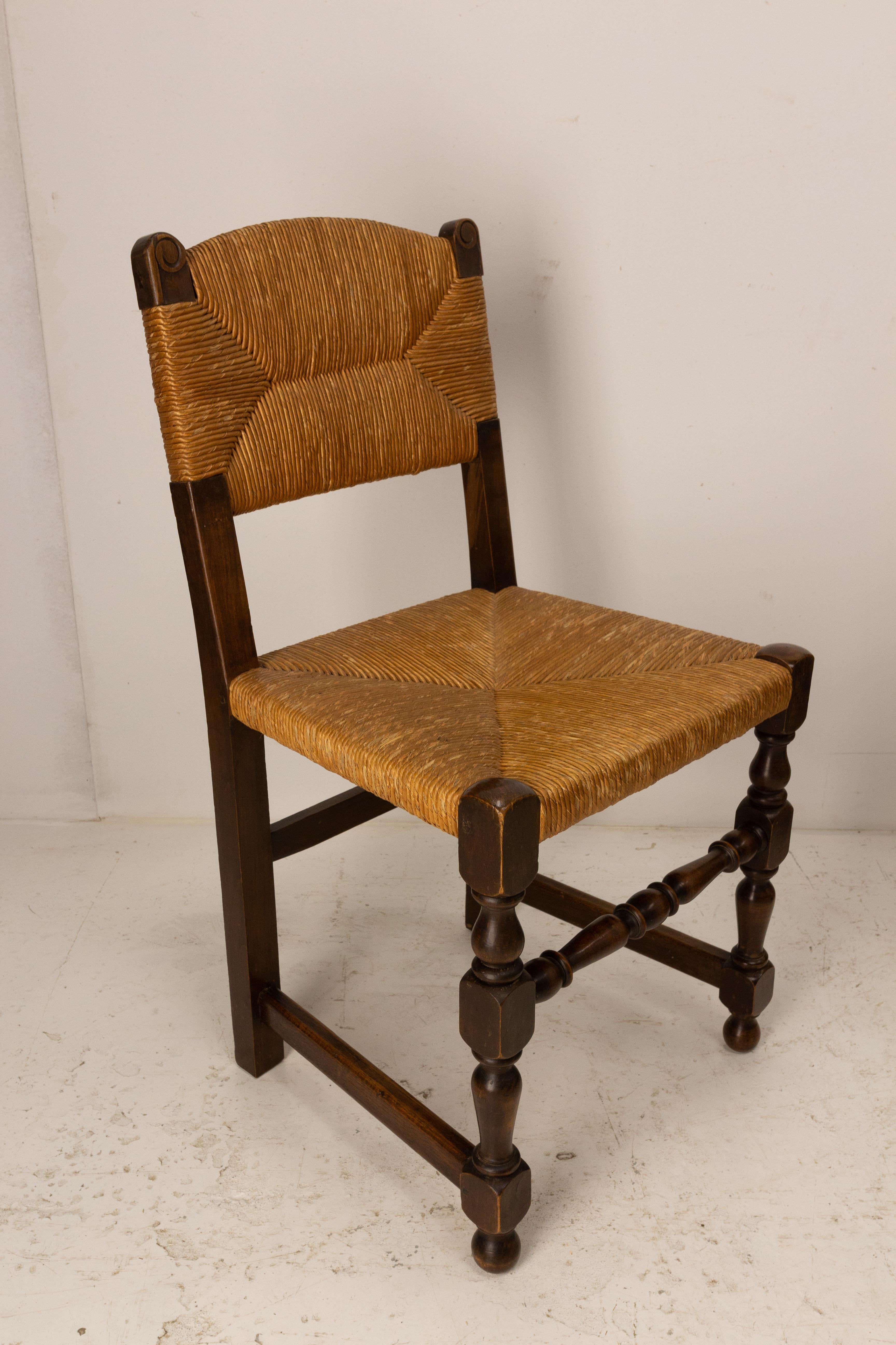 Oak  Pair French Dining Chairs Beech Chairs Rush Seats Country Style, 1940