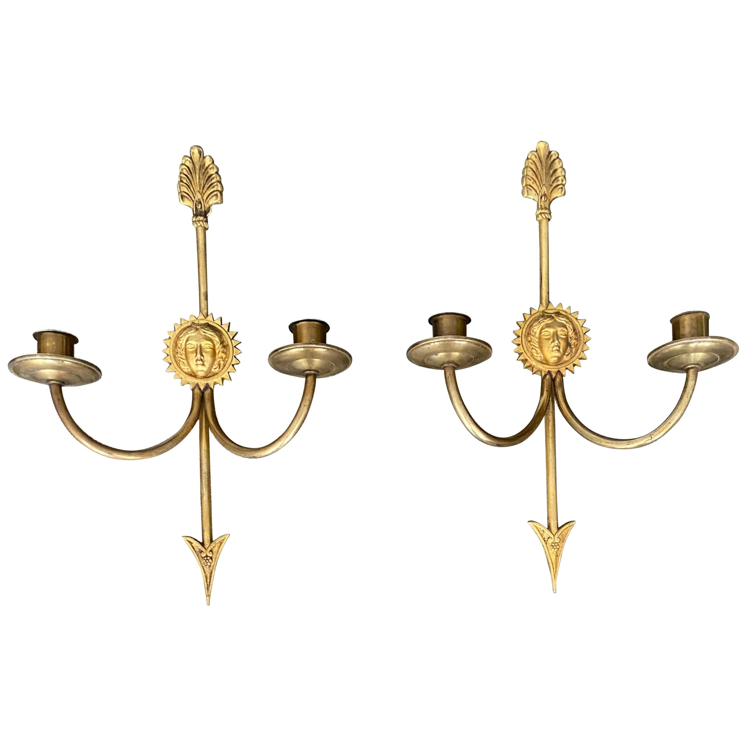 Pair of French Directoire Brass Arrow Wall "Candle" Sconces For Sale