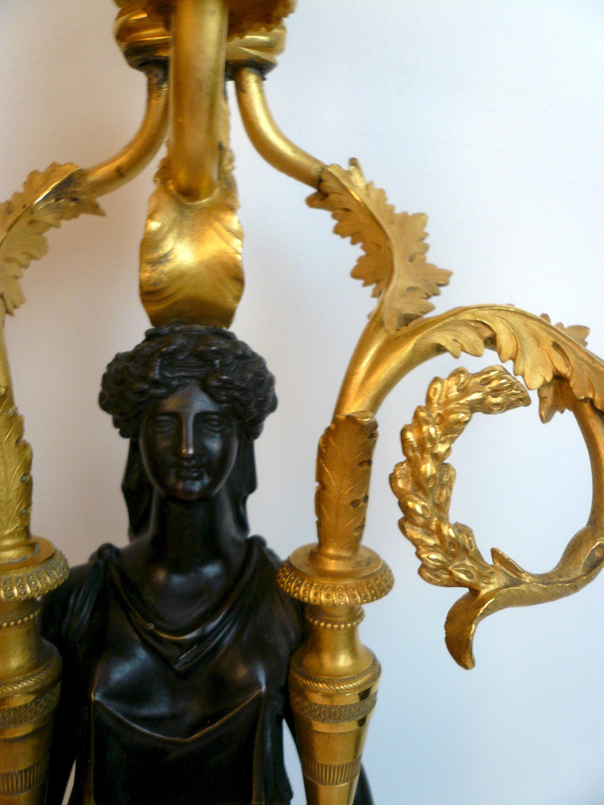 Pair French Directoire Bronze and Marble Neo-Classical Figural Candelabra For Sale 7