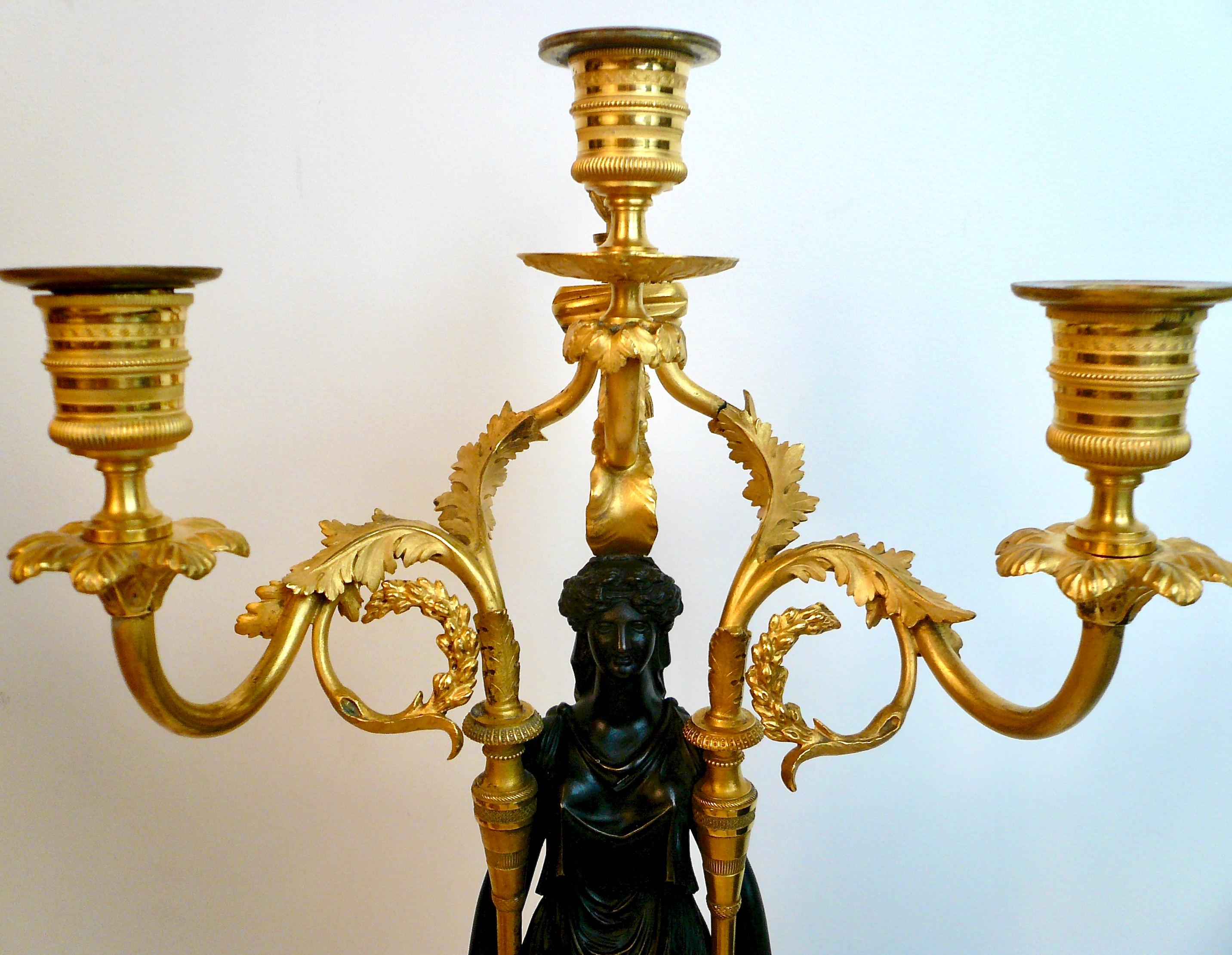 Pair French Directoire Bronze and Marble Neo-Classical Figural Candelabra For Sale 11