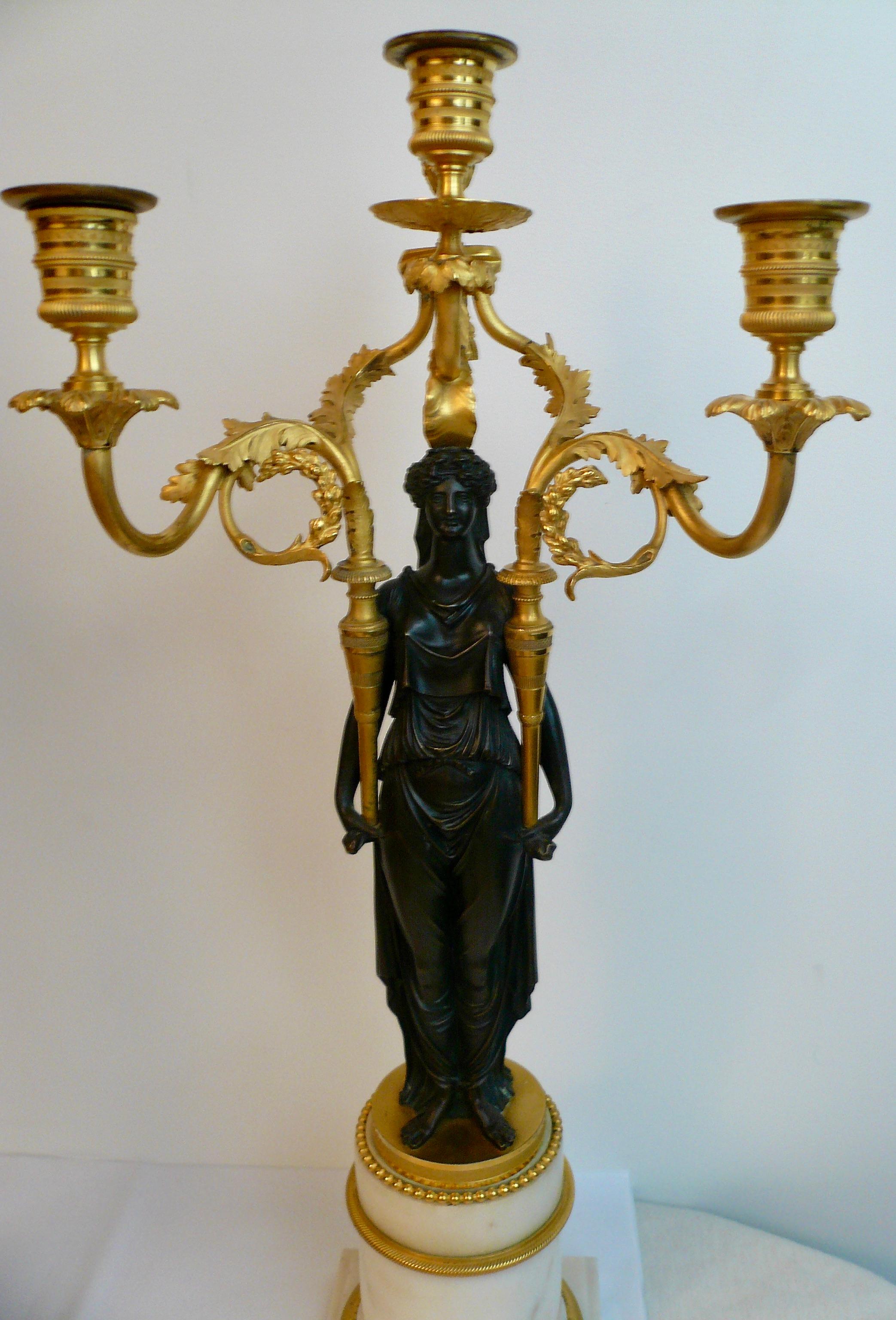 Pair French Directoire Bronze and Marble Neo-Classical Figural Candelabra For Sale 12