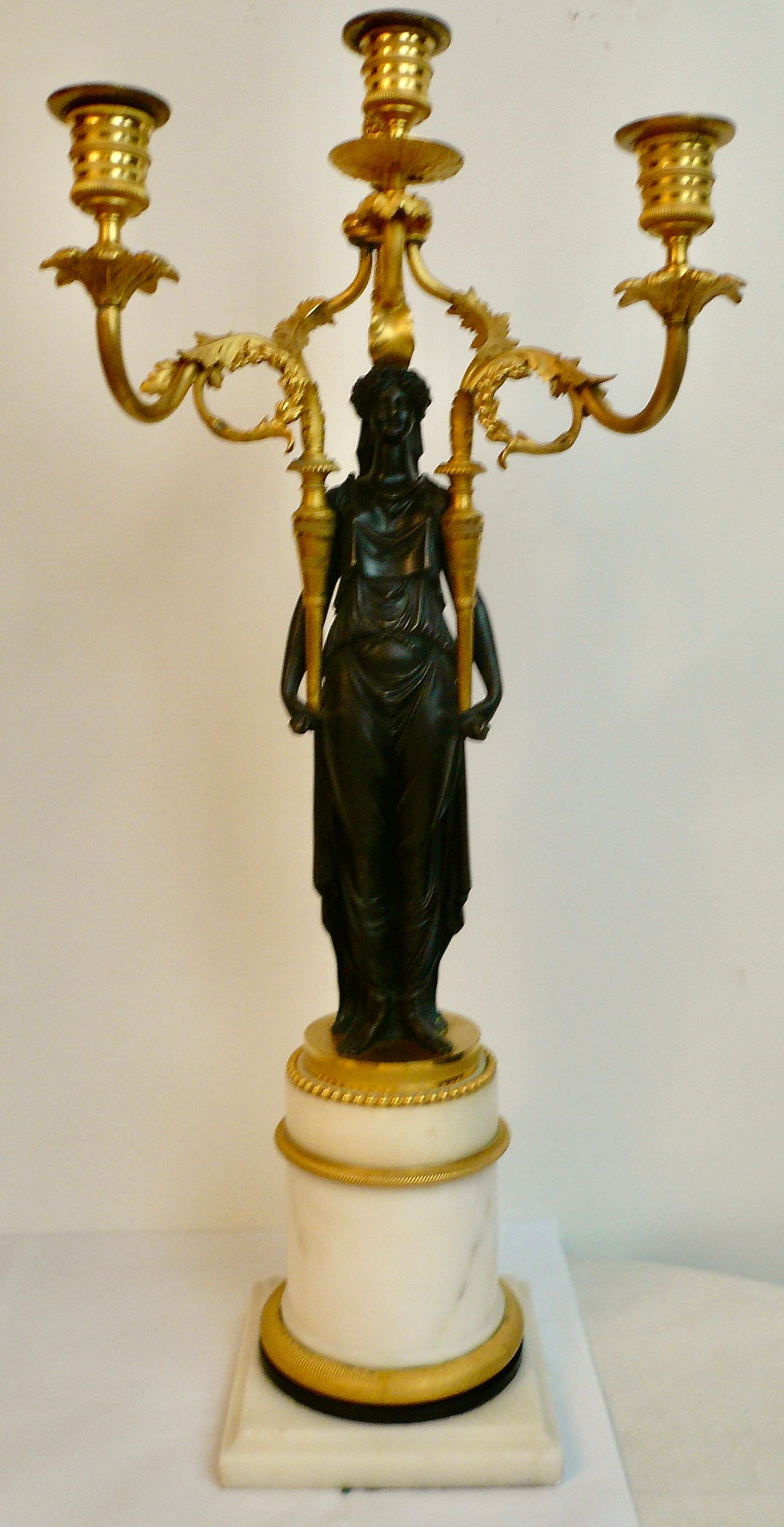 Pair French Directoire Bronze and Marble Neo-Classical Figural Candelabra For Sale 13