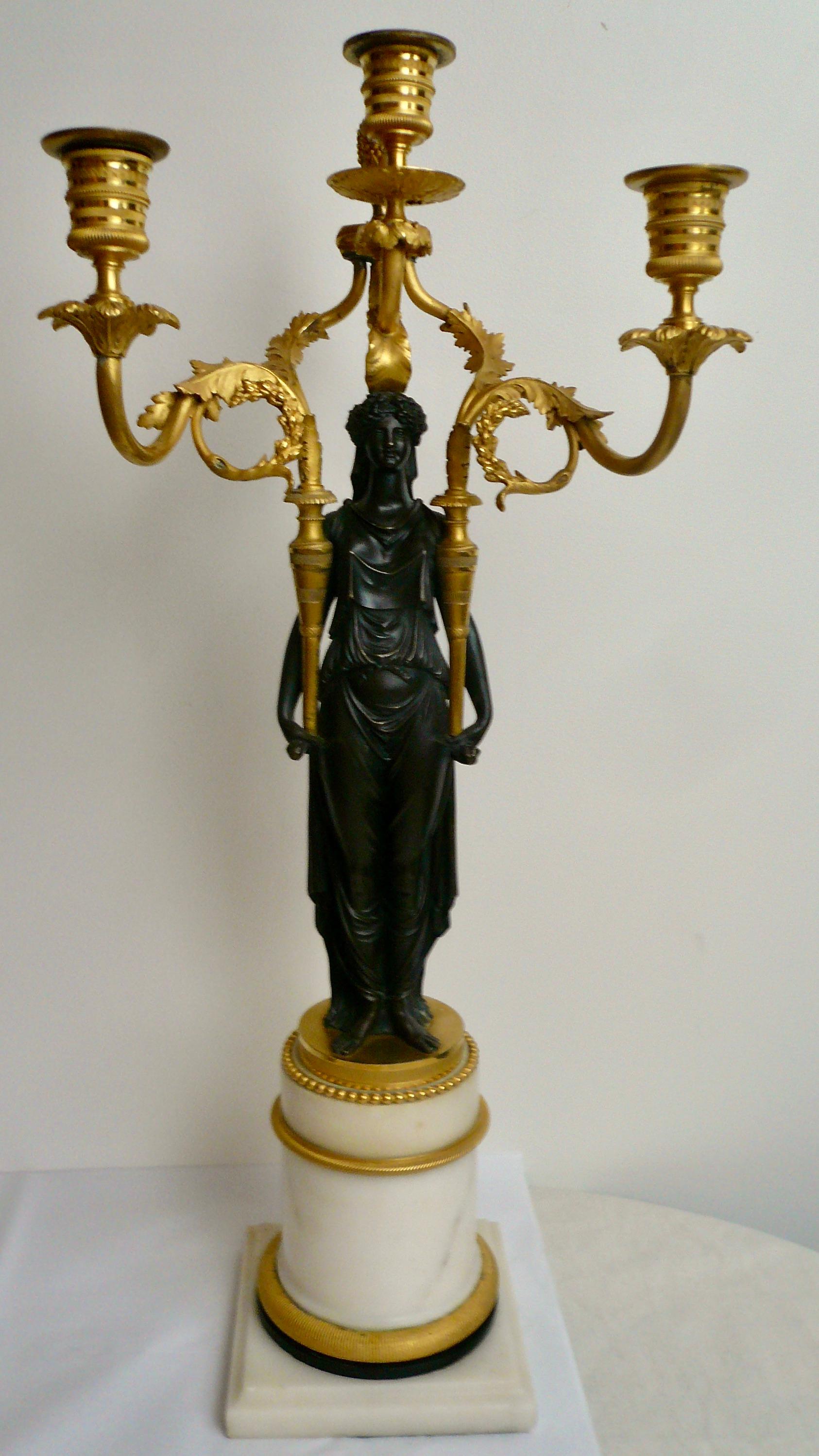Pair French Directoire Bronze and Marble Neo-Classical Figural Candelabra For Sale 15