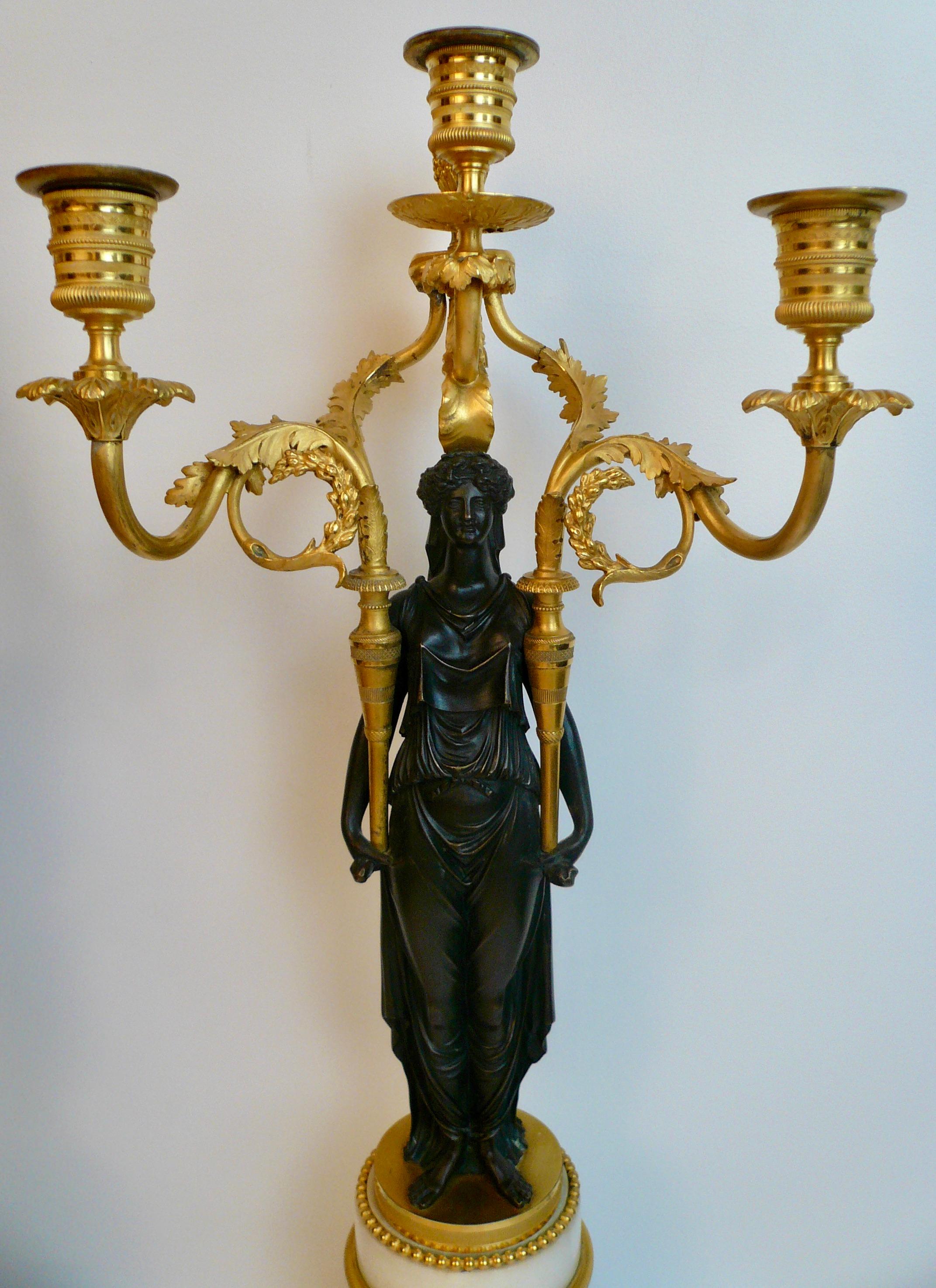 Pair French Directoire Bronze and Marble Neo-Classical Figural Candelabra For Sale 2