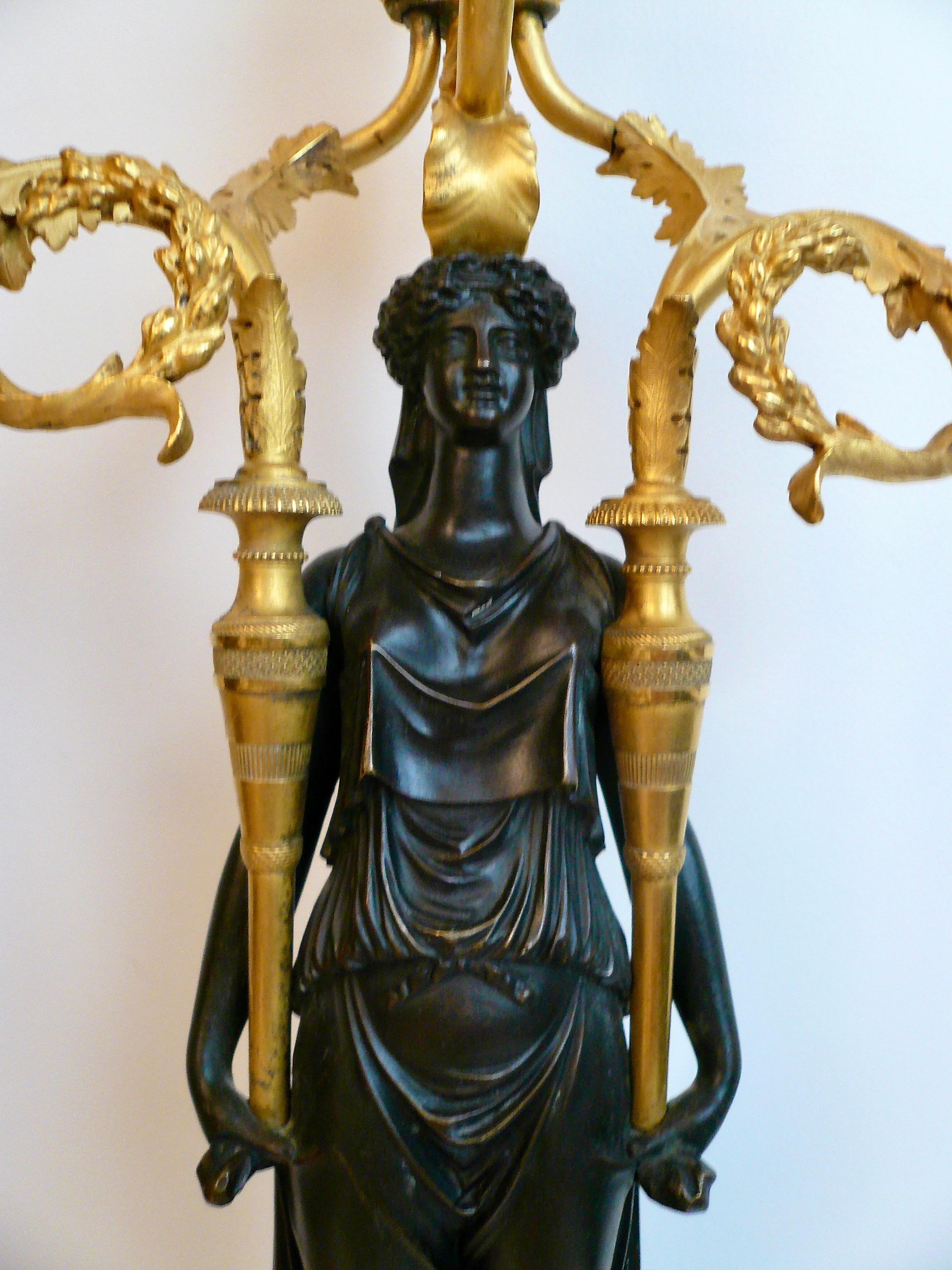 Pair French Directoire Bronze and Marble Neo-Classical Figural Candelabra For Sale 3