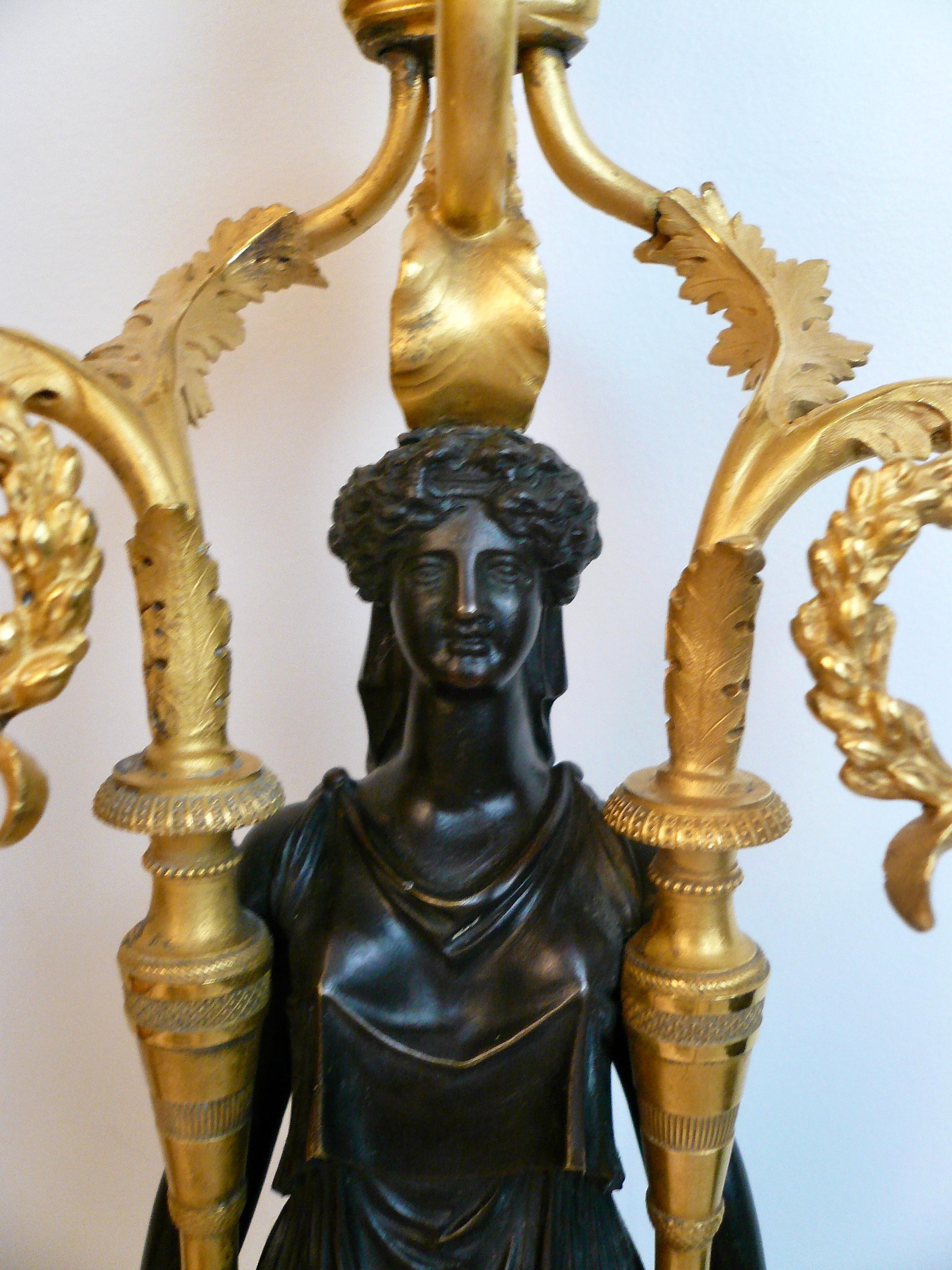 Pair French Directoire Bronze and Marble Neo-Classical Figural Candelabra For Sale 5