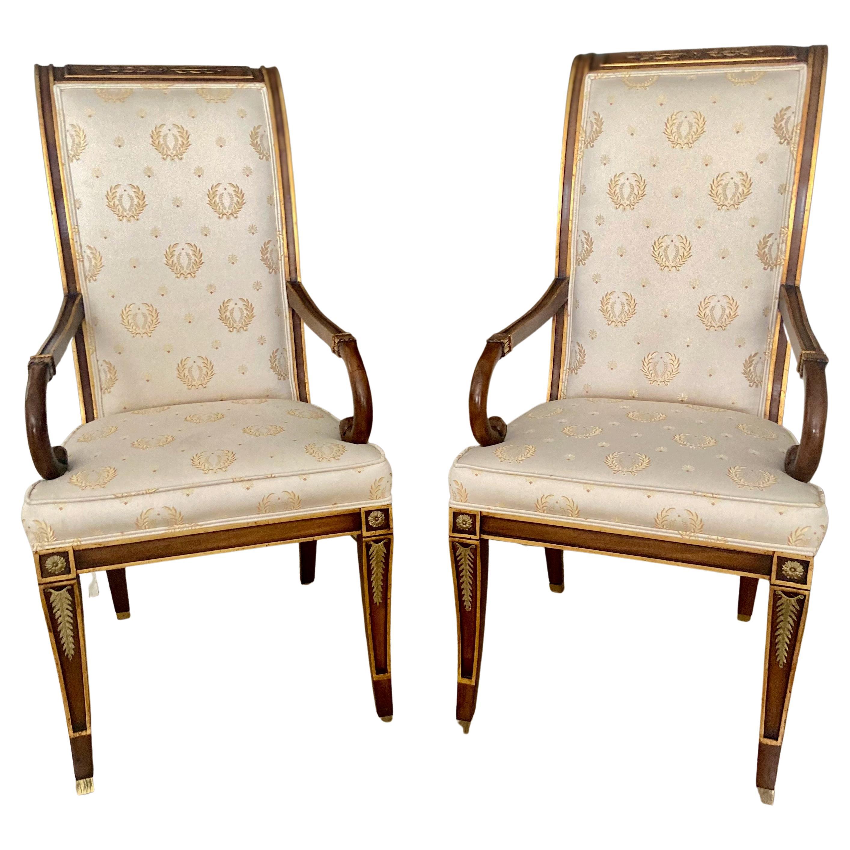 Pair French Directoire Carved Fauteuil Arm Chairs