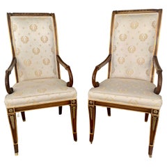 Pair French Directoire Carved Fauteuil Arm Chairs