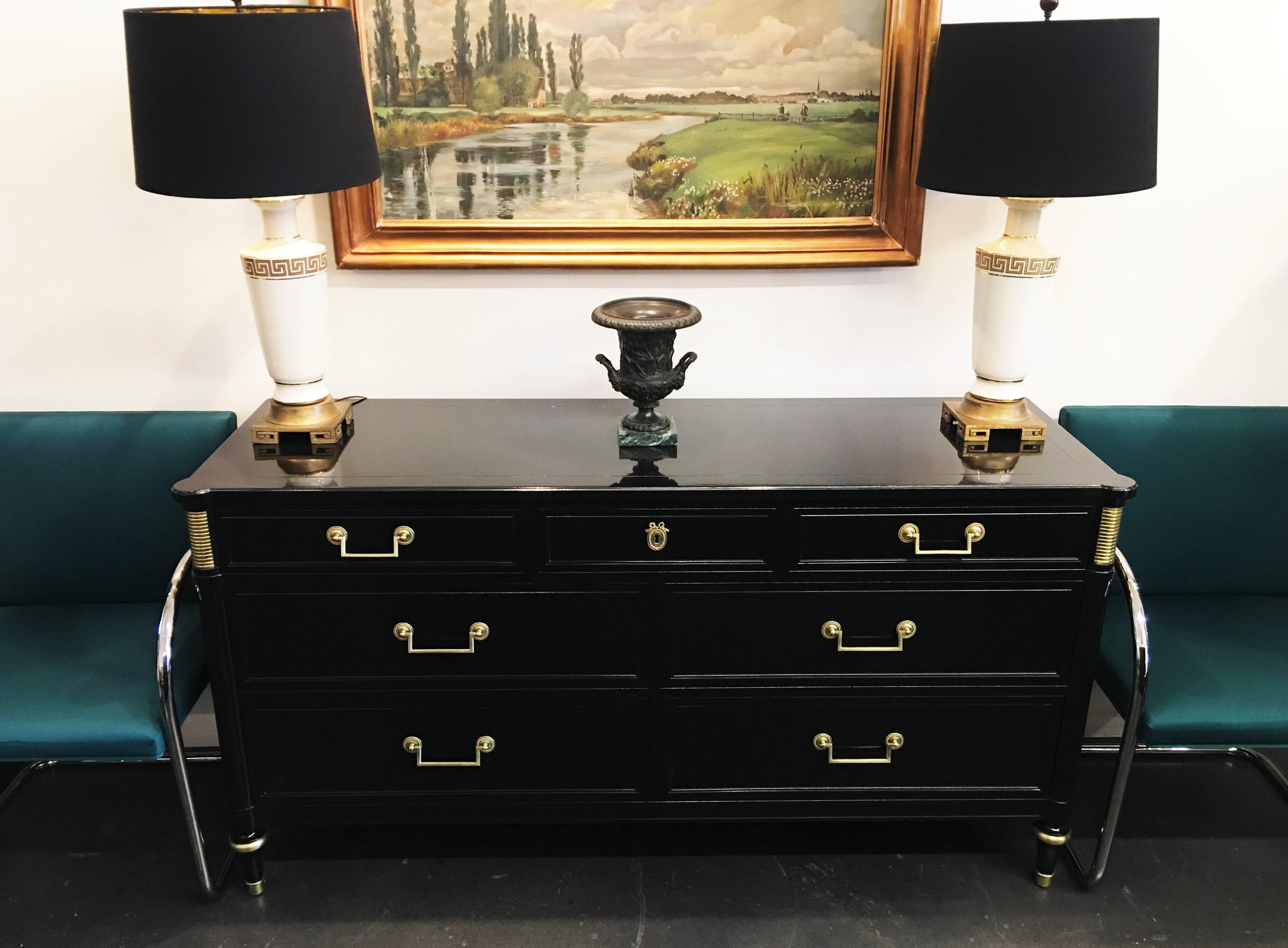 Pair French Directoire Style Ebonized Commodes by Maison Jansen In Excellent Condition For Sale In Dallas, TX