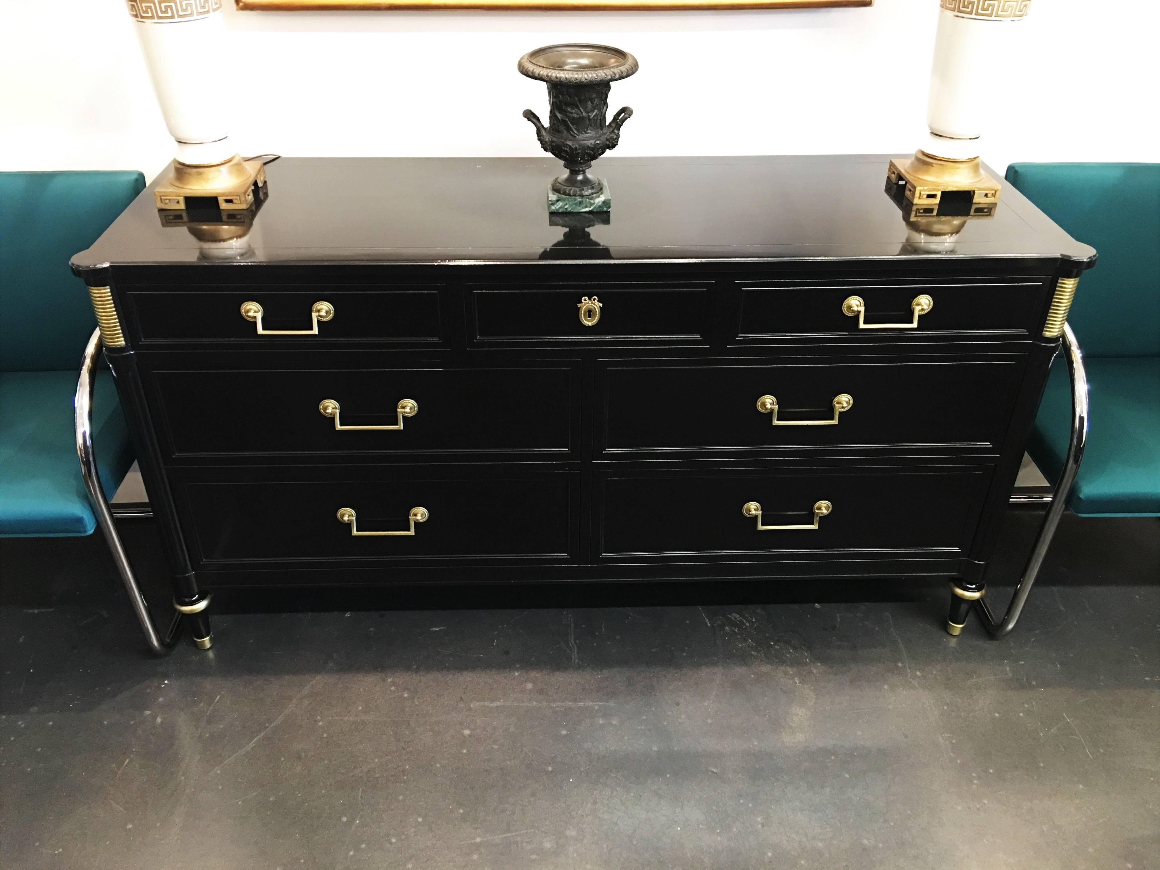 Mid-20th Century Pair French Directoire Style Ebonized Commodes by Maison Jansen For Sale