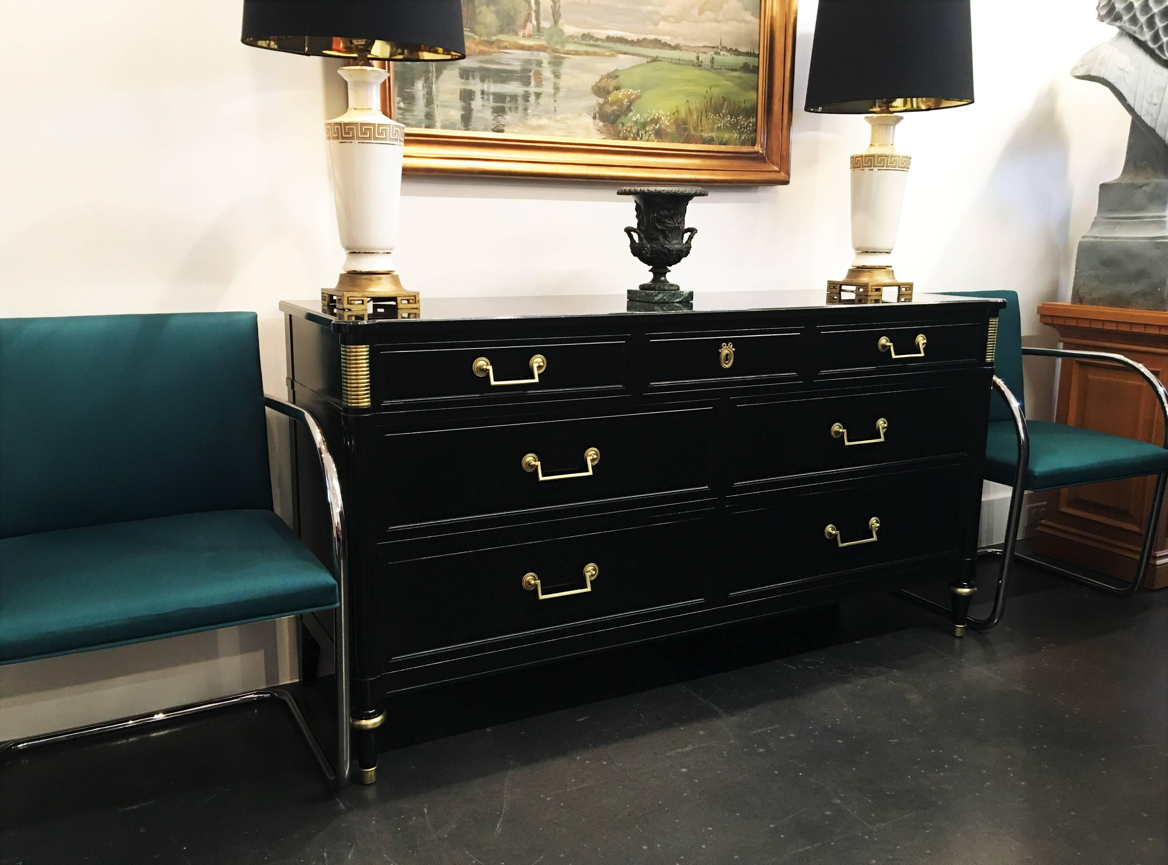 Wood Pair French Directoire Style Ebonized Commodes by Maison Jansen For Sale
