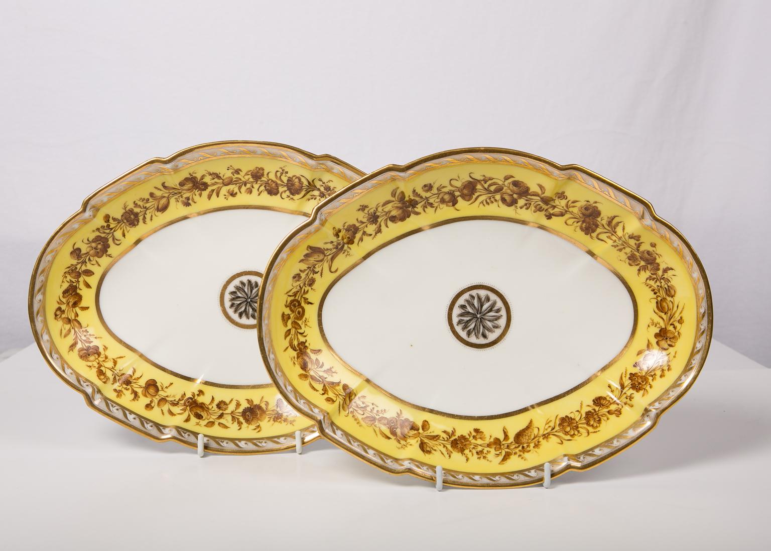 We are pleased to offer this pair of French, 18th century, large oval-shaped serving dishes made by the distinguished factory of Geurhard and Dihl, circa 1790. The decoration on this pair of dishes is the height of French neoclassical design. In the