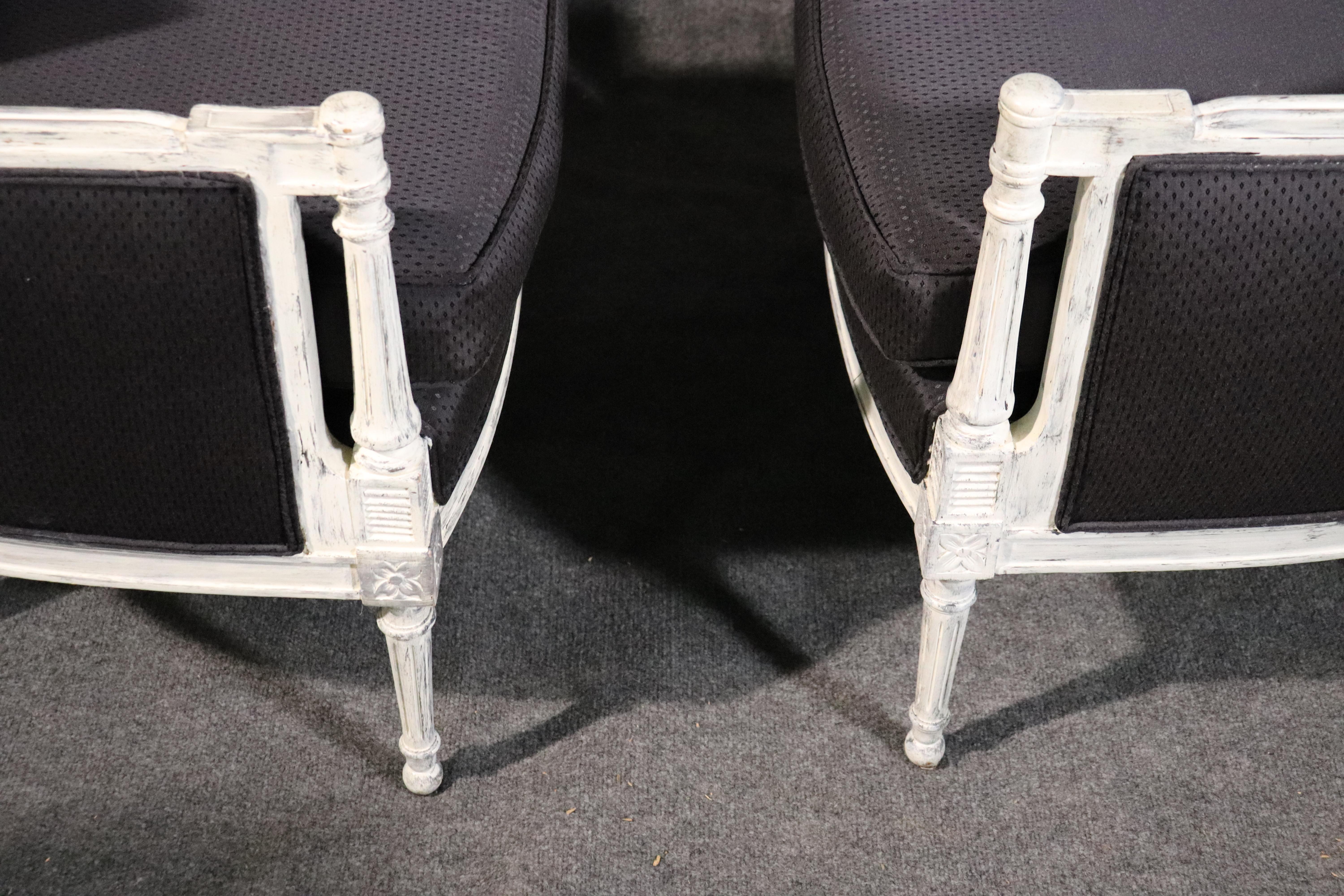 Pair of Distressed Painted Black Upholstered French Louis XVI Bergère Chairs 1