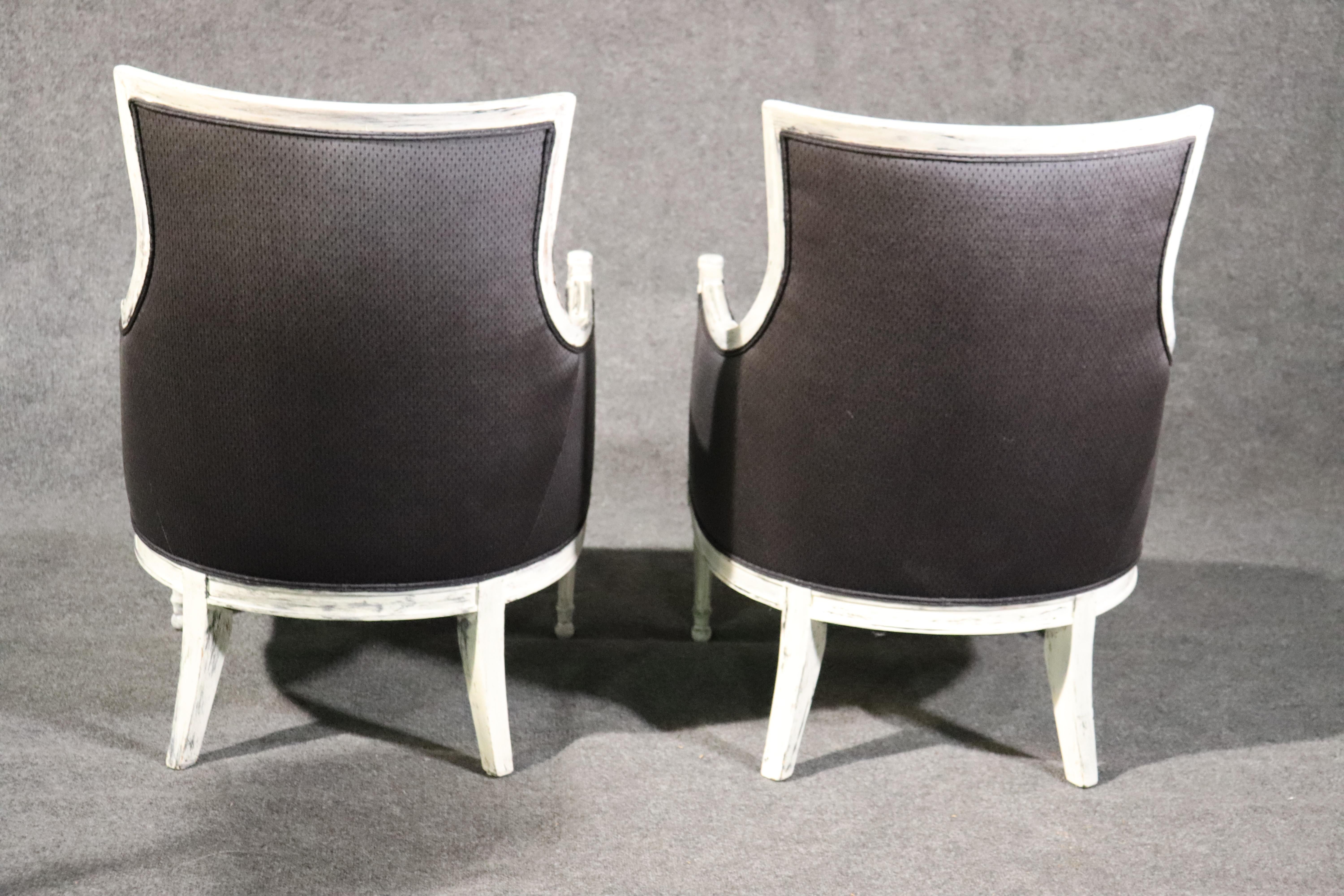 Pair of Distressed Painted Black Upholstered French Louis XVI Bergère Chairs 3