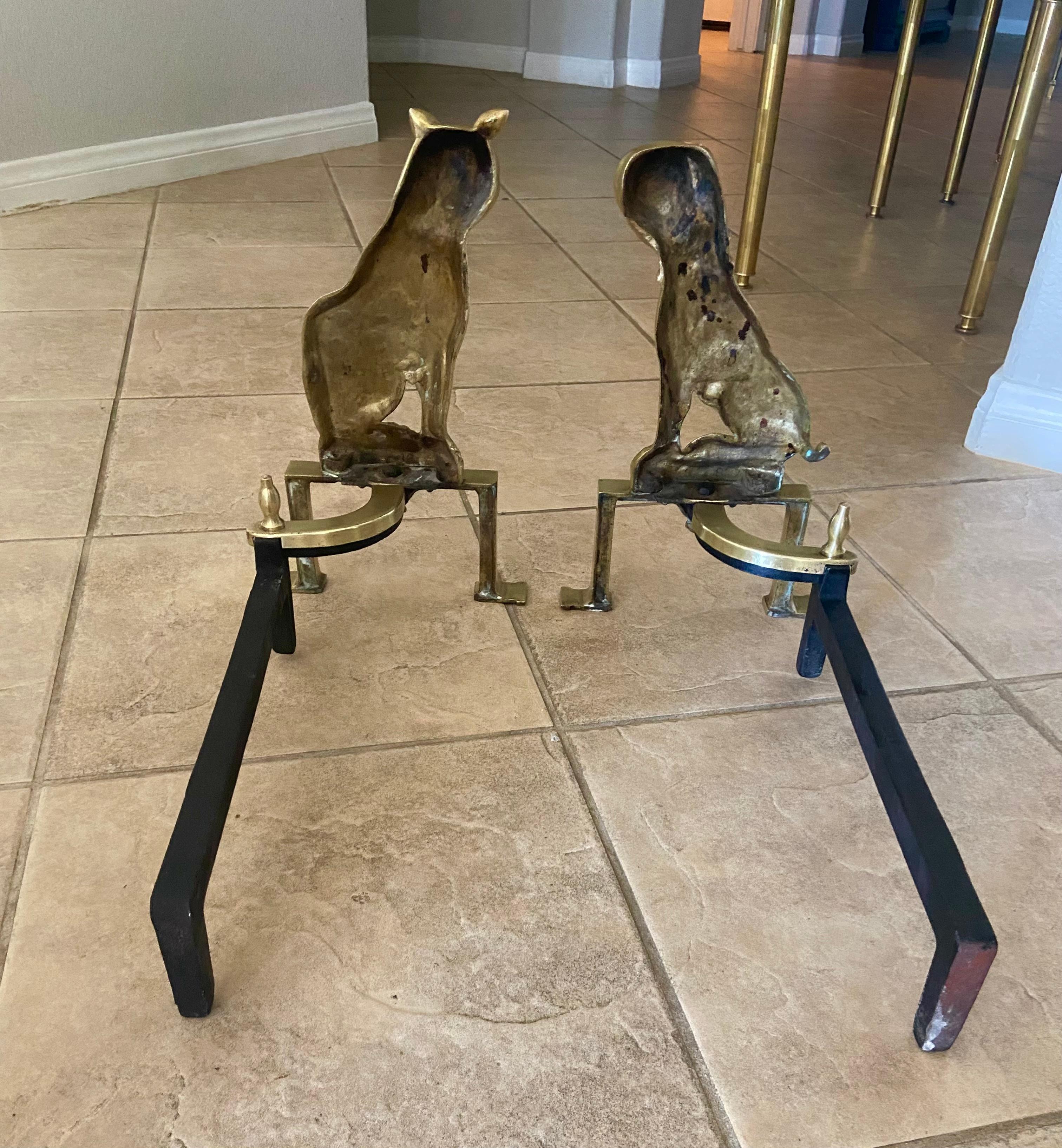 Pair French Dog & Cat Brass Andirons Chenets 9