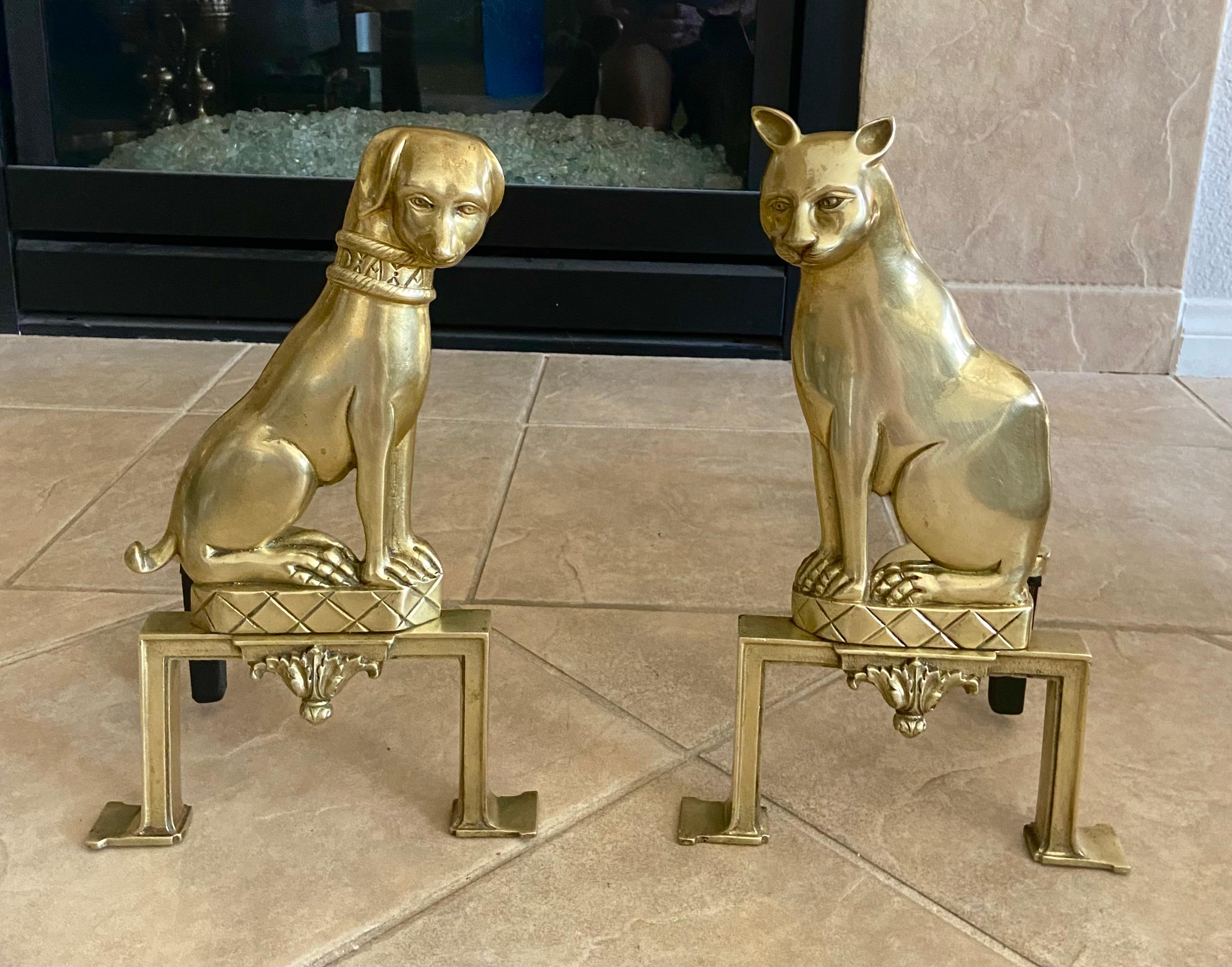 Pair French Dog & Cat Brass Andirons Chenets 10