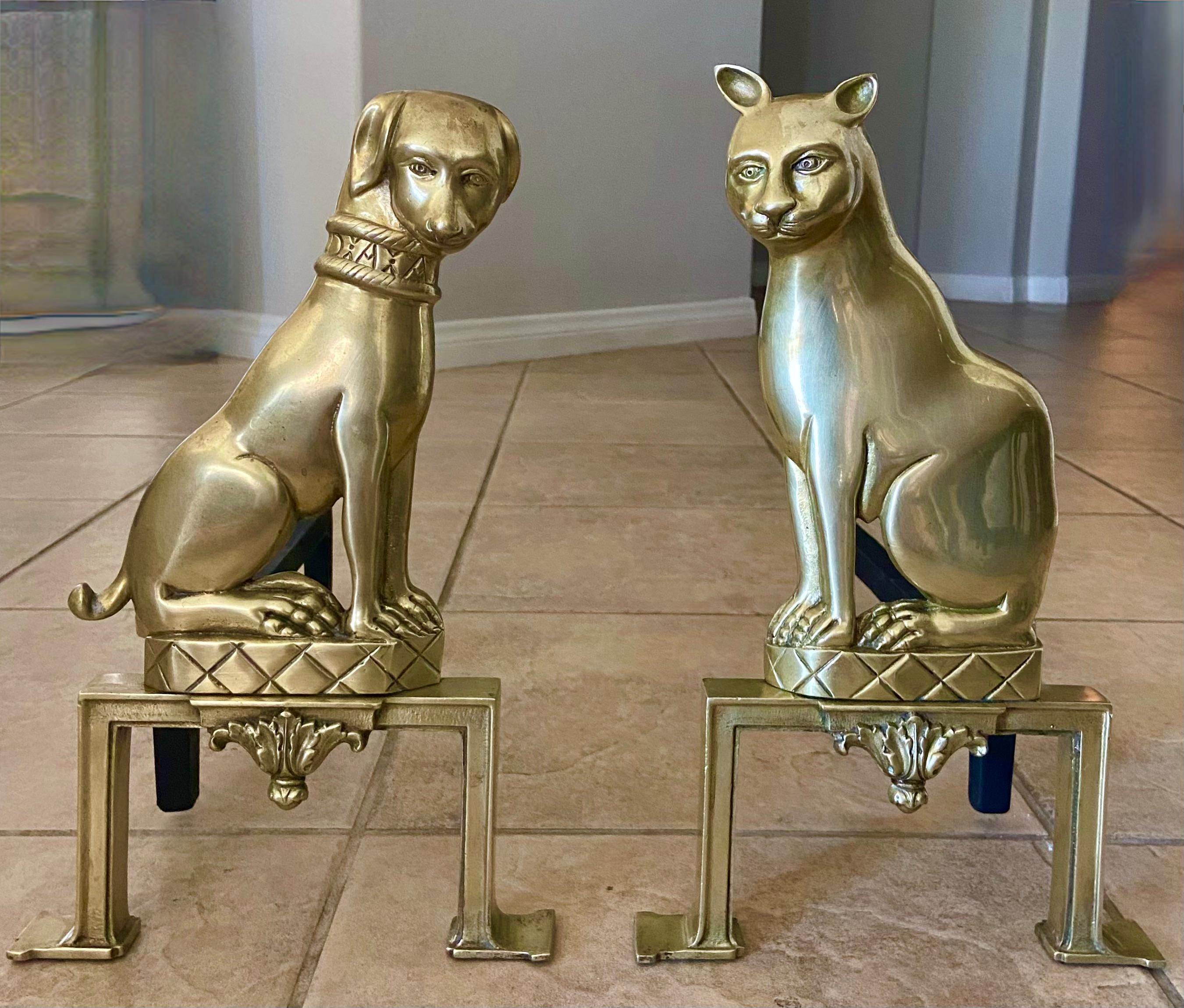 Pair French Dog & Cat Brass Andirons Chenets 11