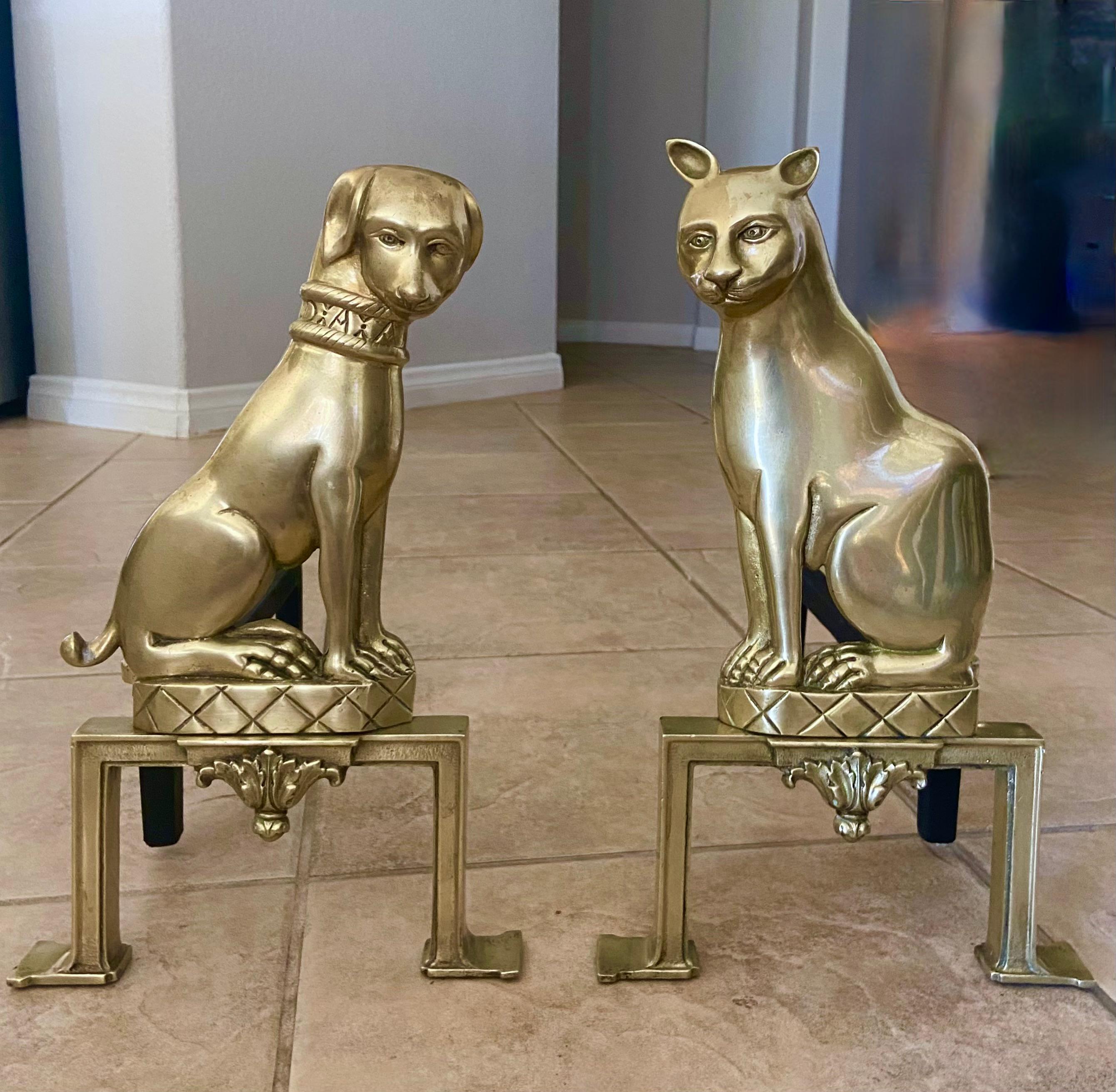Pair French Dog & Cat Brass Andirons Chenets In Good Condition In Palm Springs, CA