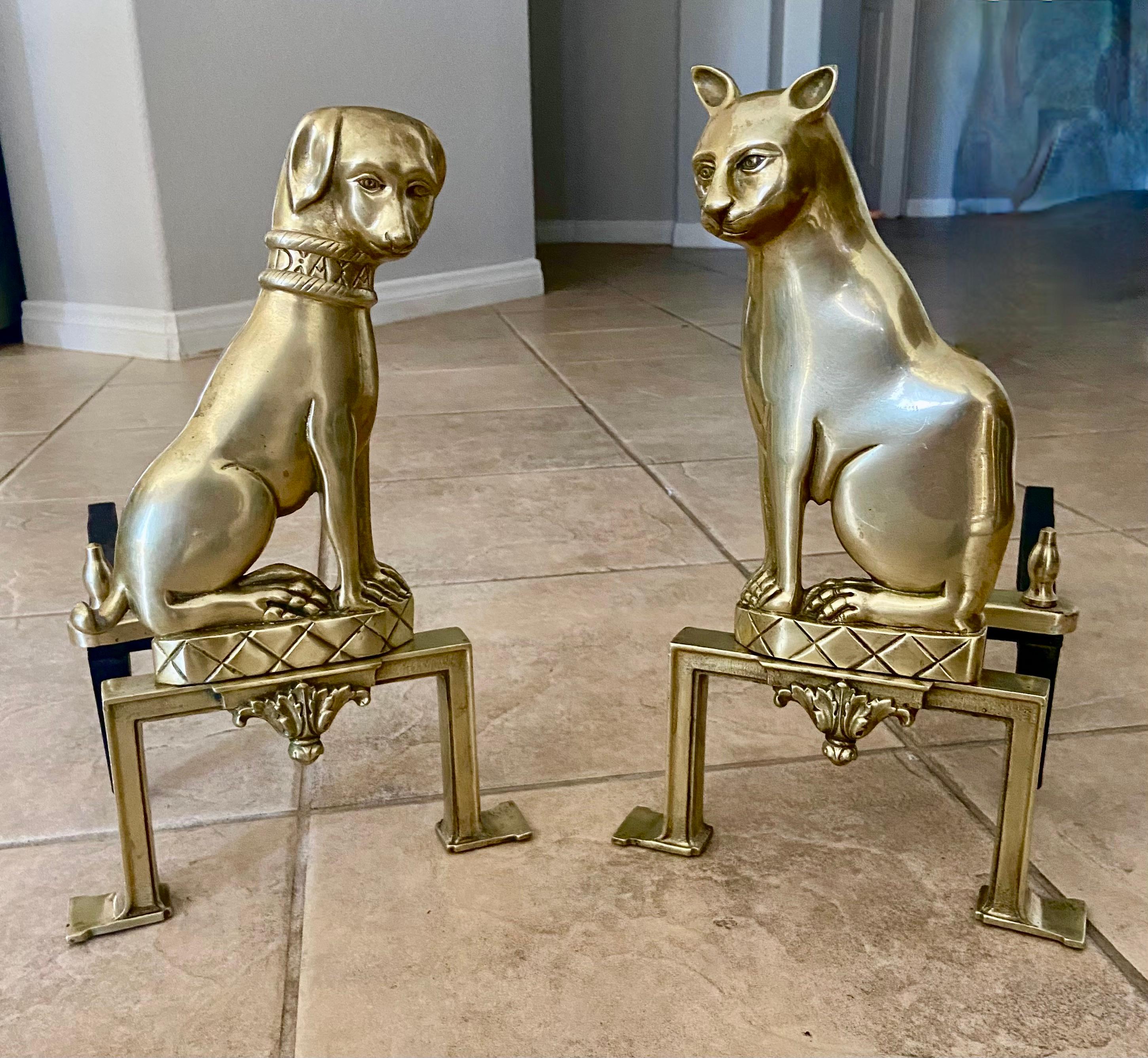 Late 19th Century Pair French Dog & Cat Brass Andirons Chenets