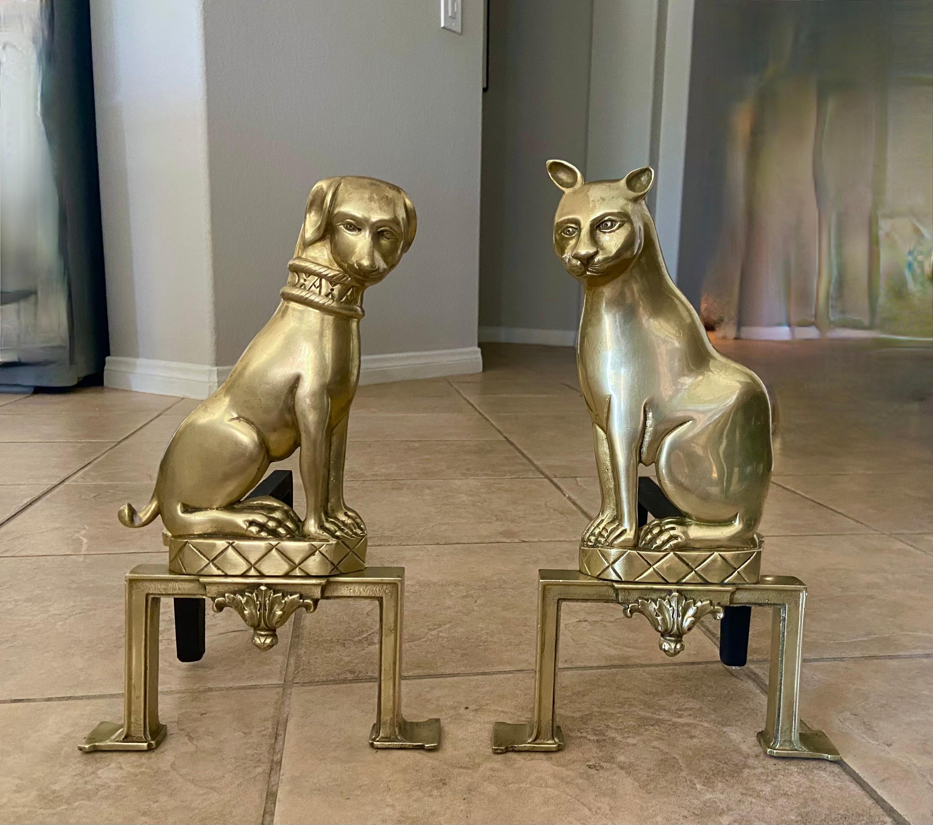 Metal Pair French Dog & Cat Brass Andirons Chenets