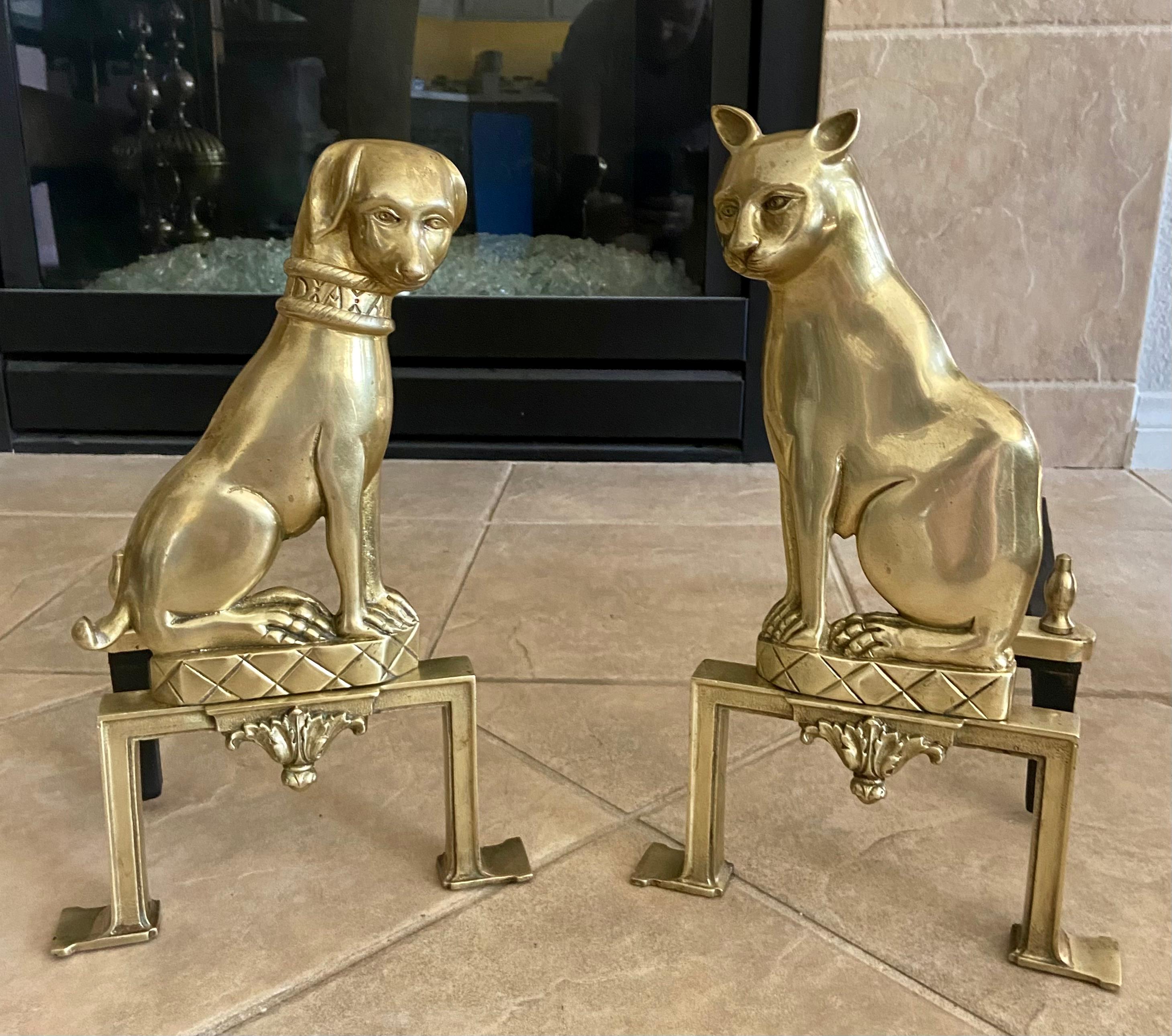Pair French Dog & Cat Brass Andirons Chenets 1