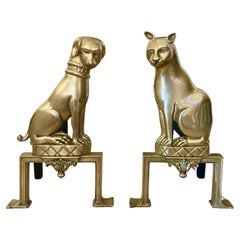 Pair French Dog & Cat Brass Andirons Chenets