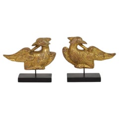 Antique Pair French Early 19th Century Hand Carved Giltwood  Empire Style bird Ornaments